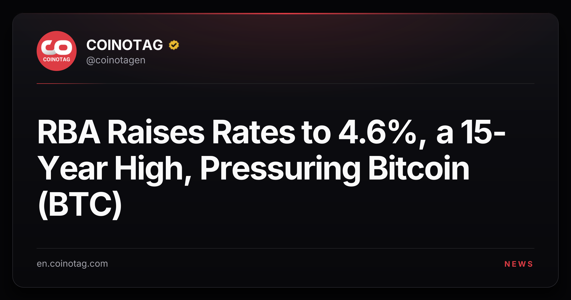 RBA Raises Rates to 4.6%, a 15-Year High, Pressuring Bitcoin (BTC)