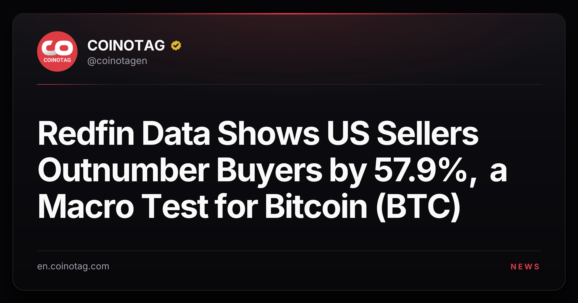 Redfin Data Shows US Sellers Outnumber Buyers by 57.9%, a Macro Test for Bitcoin (BTC)