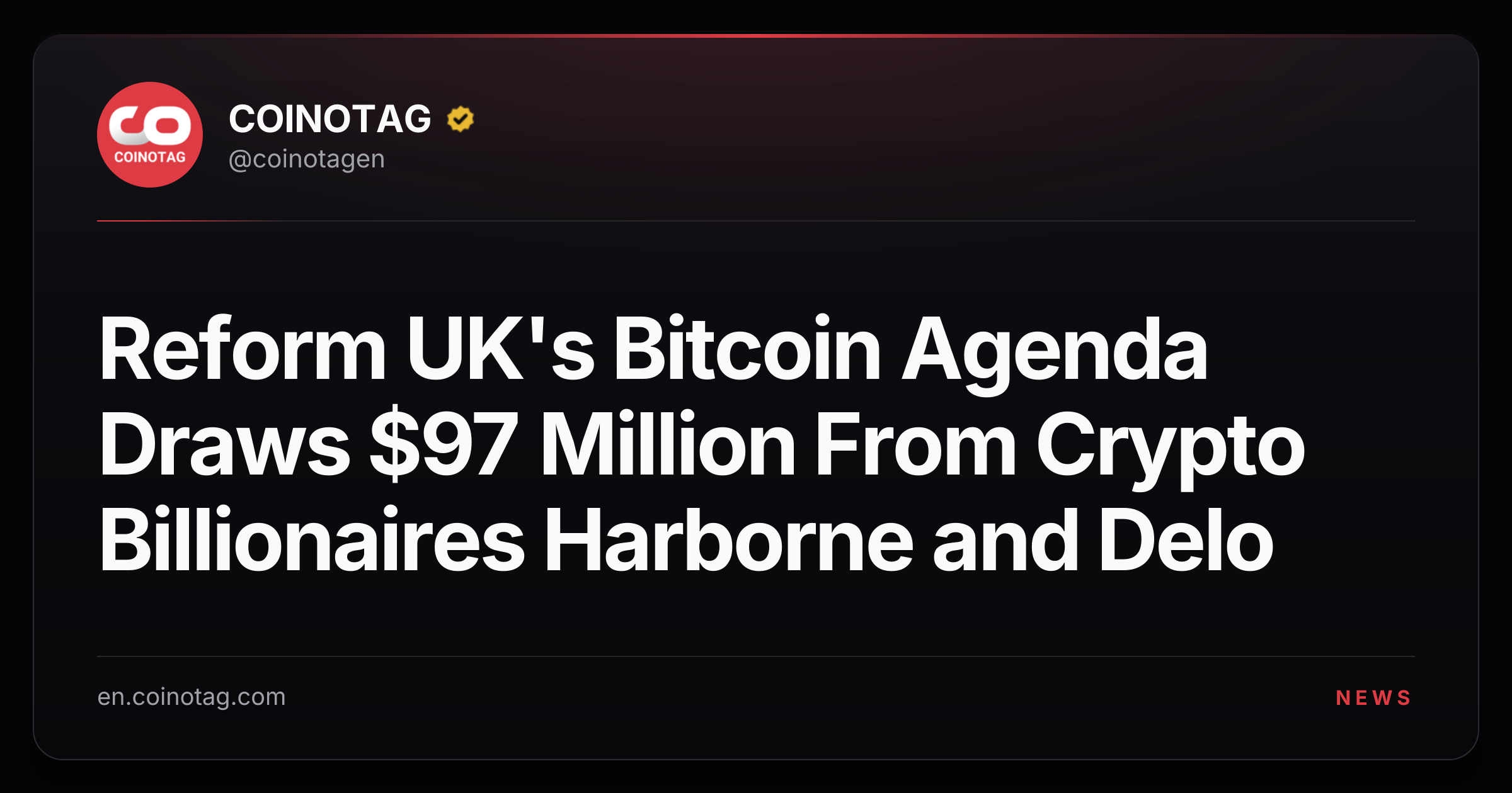 Reform UK's Bitcoin Agenda Draws $97 Million From Crypto Billionaires Harborne and Delo
