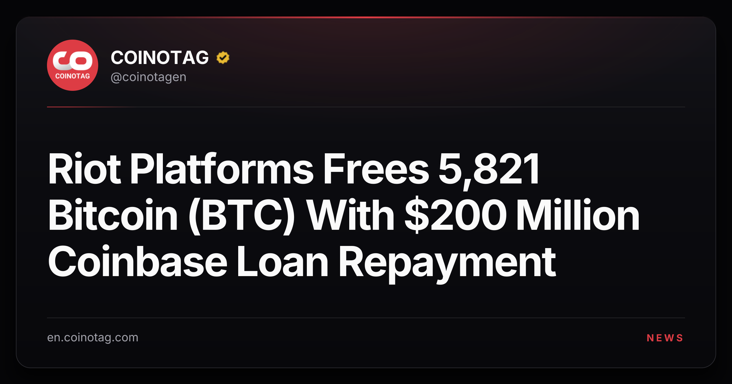 Riot Platforms Frees 5,821 Bitcoin (BTC) With $200 Million Coinbase Loan Repayment