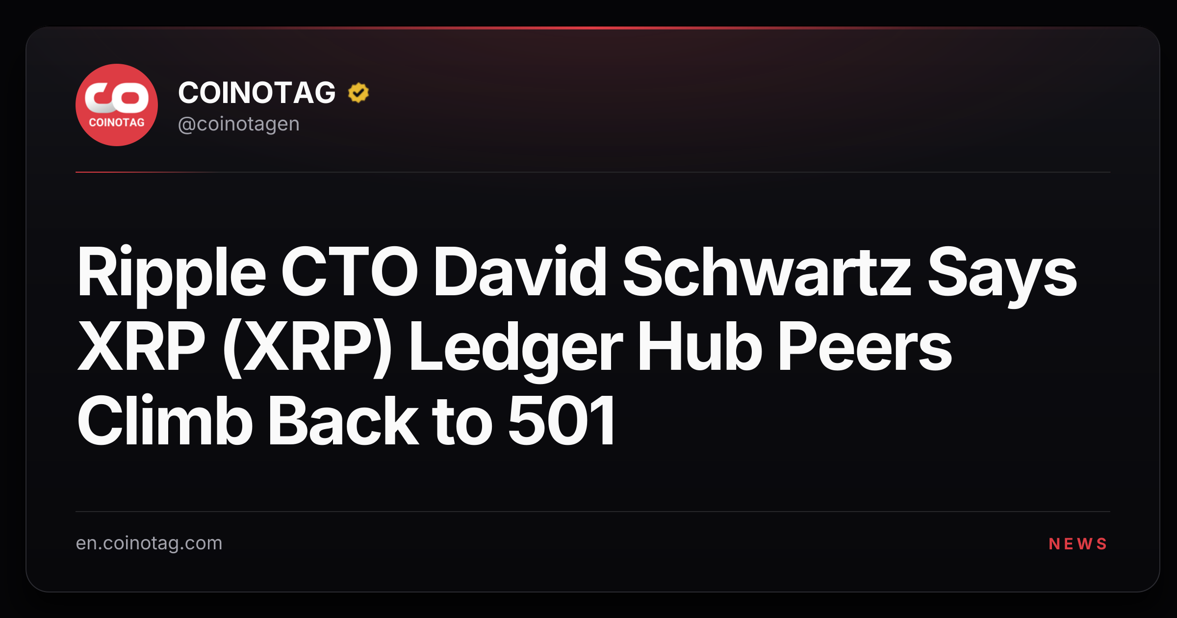 Ripple CTO David Schwartz Says XRP (XRP) Ledger Hub Peers Climb Back to 501