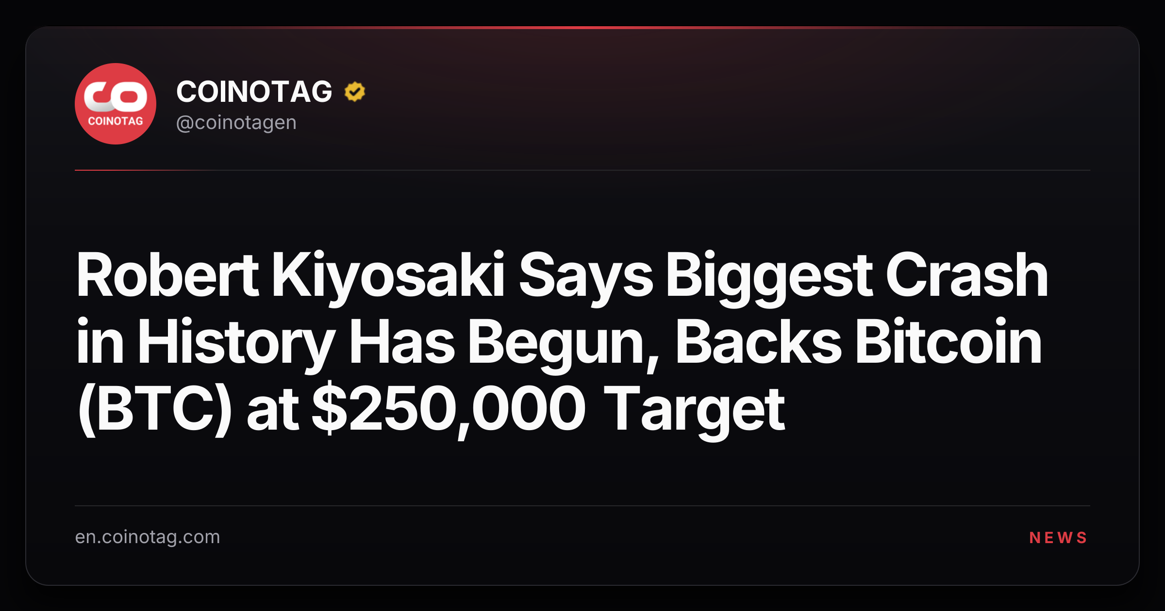 Robert Kiyosaki Says Biggest Crash in History Has Begun, Backs Bitcoin (BTC) at $250,000 Target