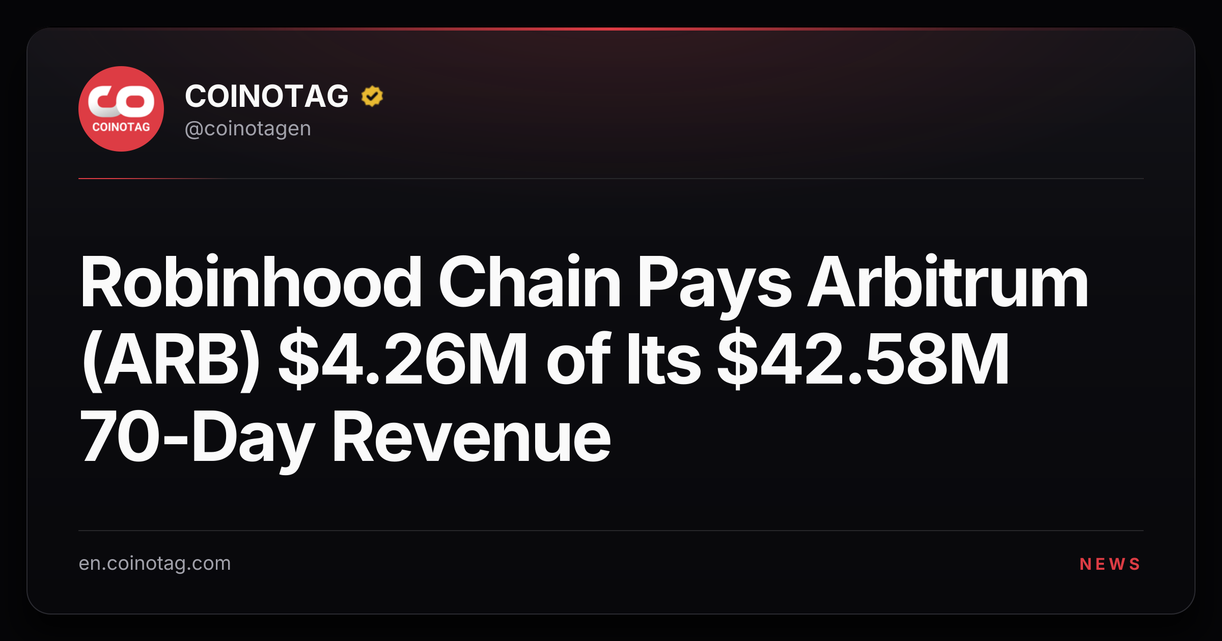 Robinhood Chain Pays Arbitrum (ARB) $4.26M of Its $42.58M 70-Day Revenue