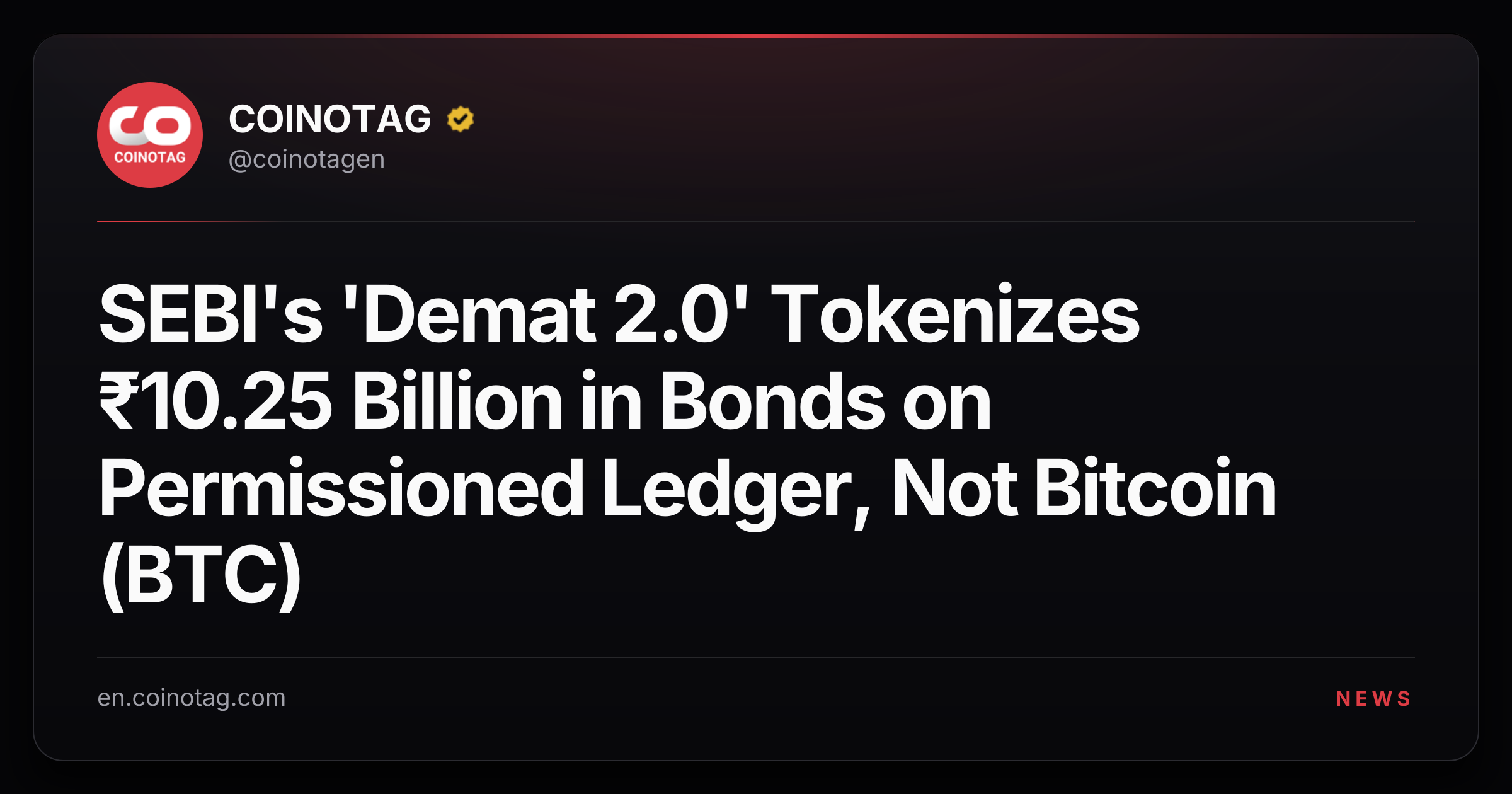 SEBI's 'Demat 2.0' Tokenizes ₹10.25 Billion in Bonds on Permissioned Ledger, Not Bitcoin (BTC)