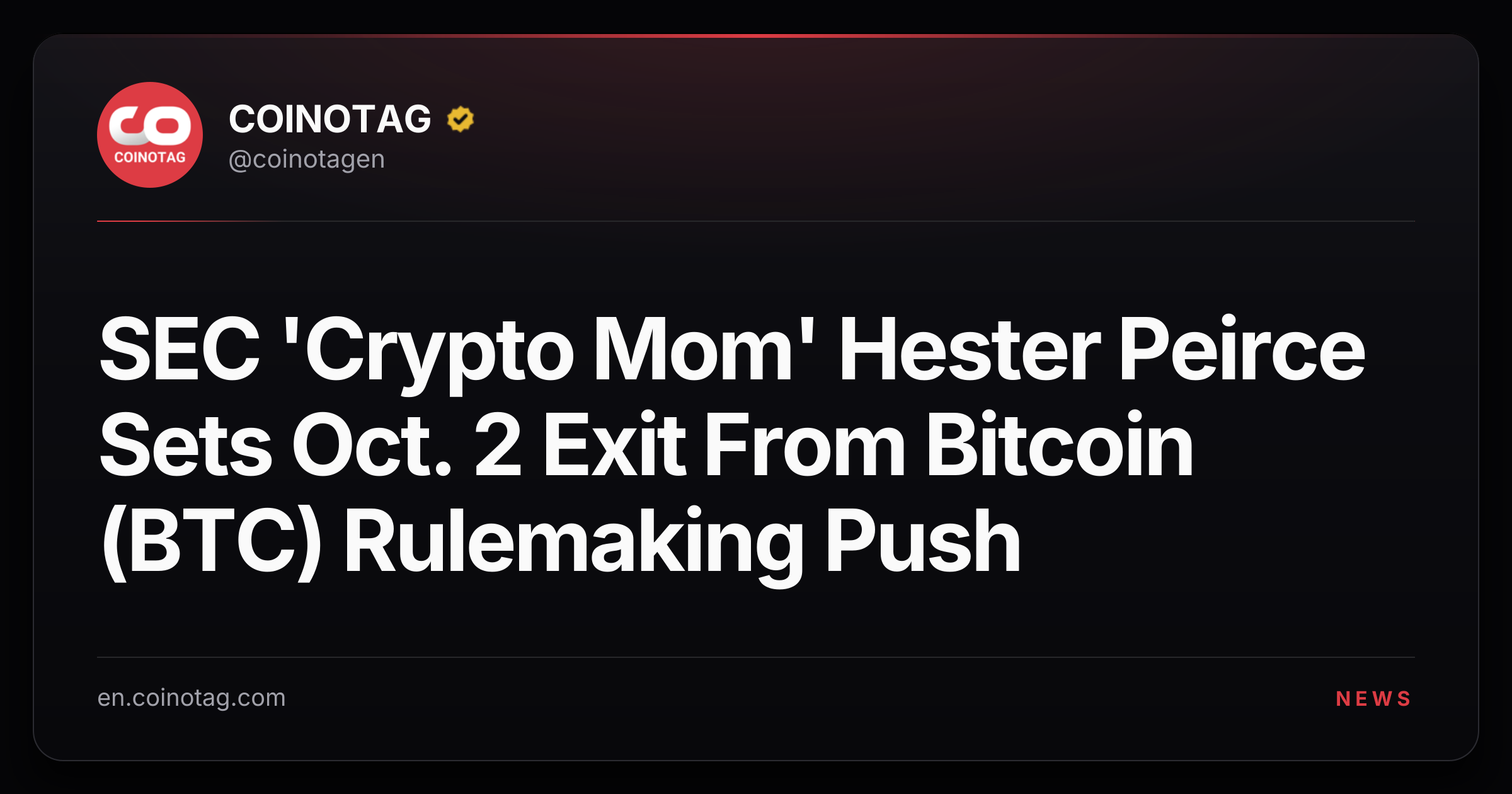 SEC 'Crypto Mom' Hester Peirce Sets Oct. 2 Exit From Bitcoin (BTC) Rulemaking Push