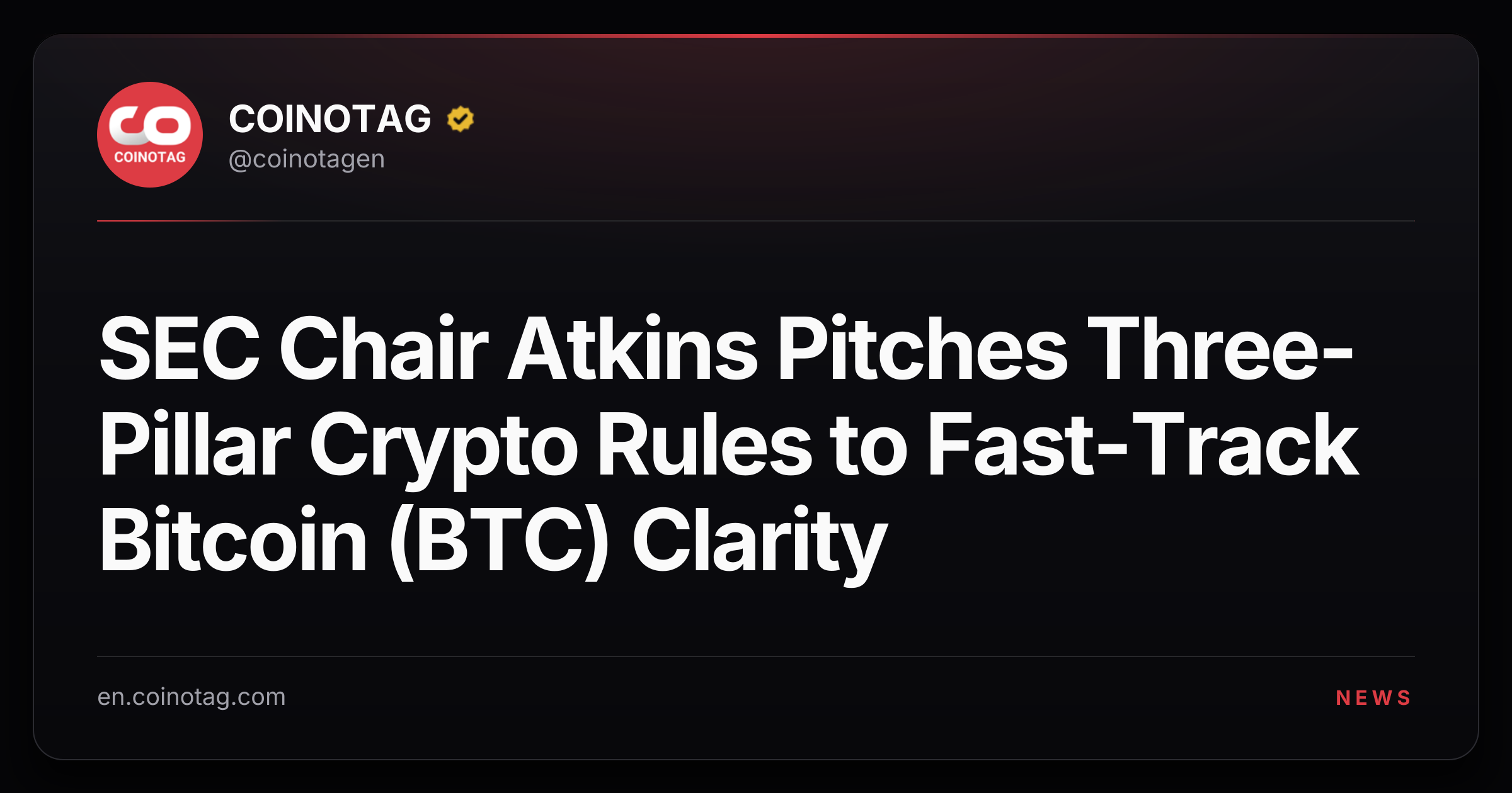 SEC Chair Atkins Pitches Three-Pillar Crypto Rules to Fast-Track Bitcoin (BTC) Clarity