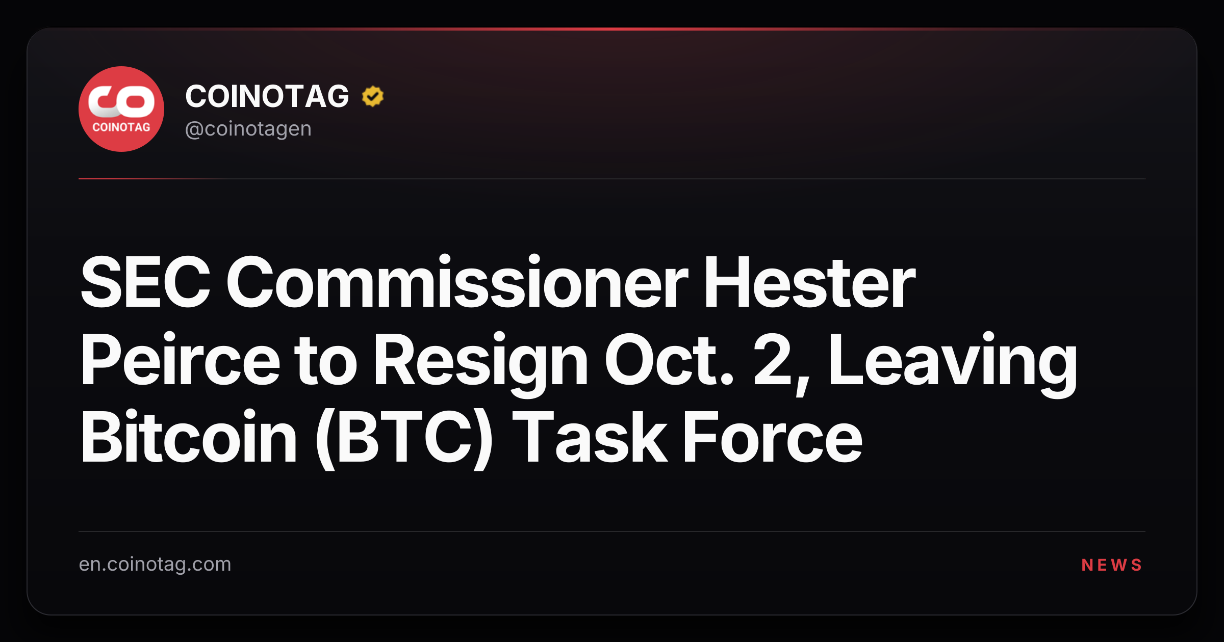 SEC Commissioner Hester Peirce to Resign Oct. 2, Leaving Bitcoin (BTC) Task Force