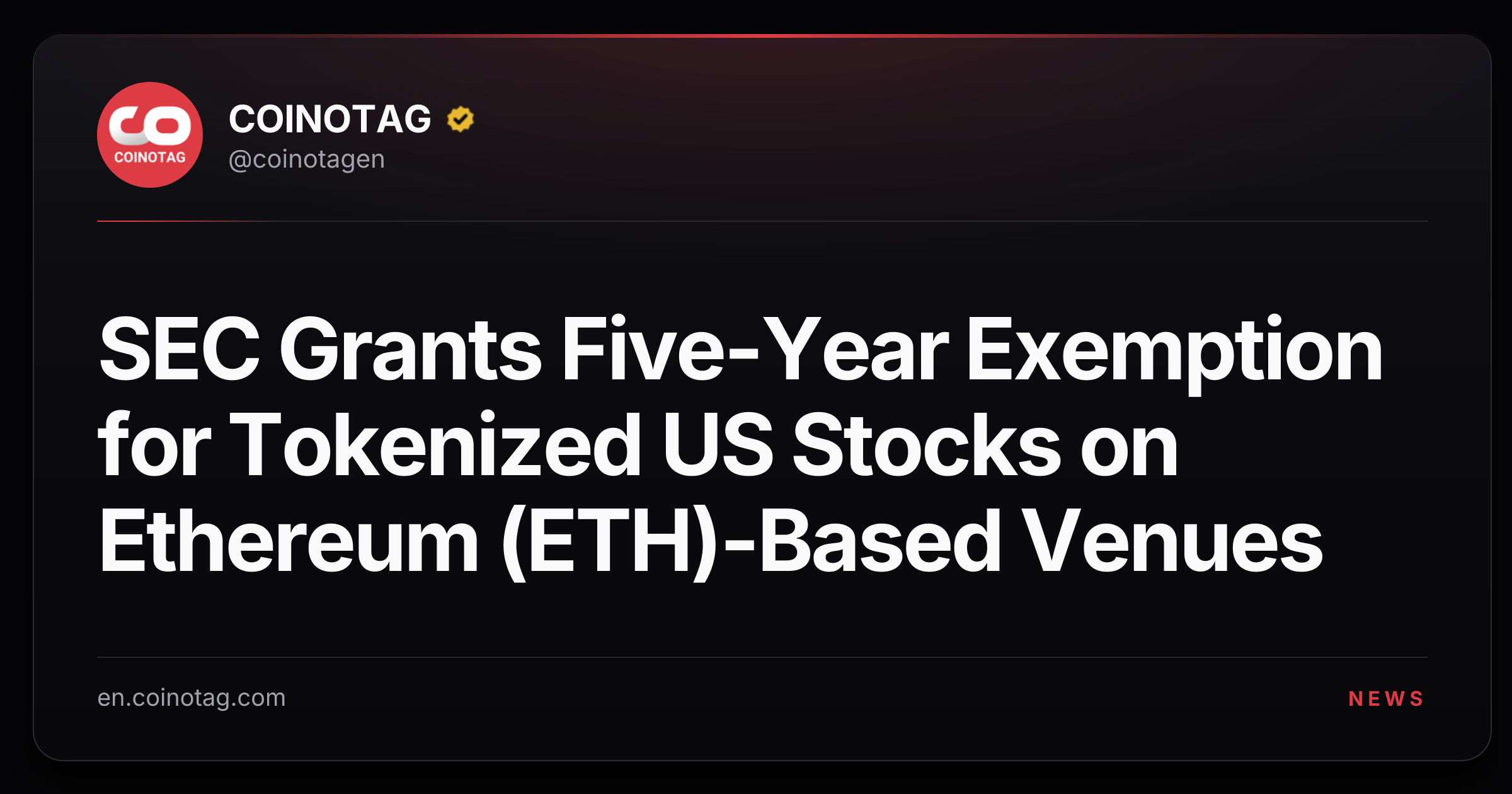 SEC Grants Five-Year Exemption for Tokenized US Stocks on Ethereum (ETH)-Based Venues