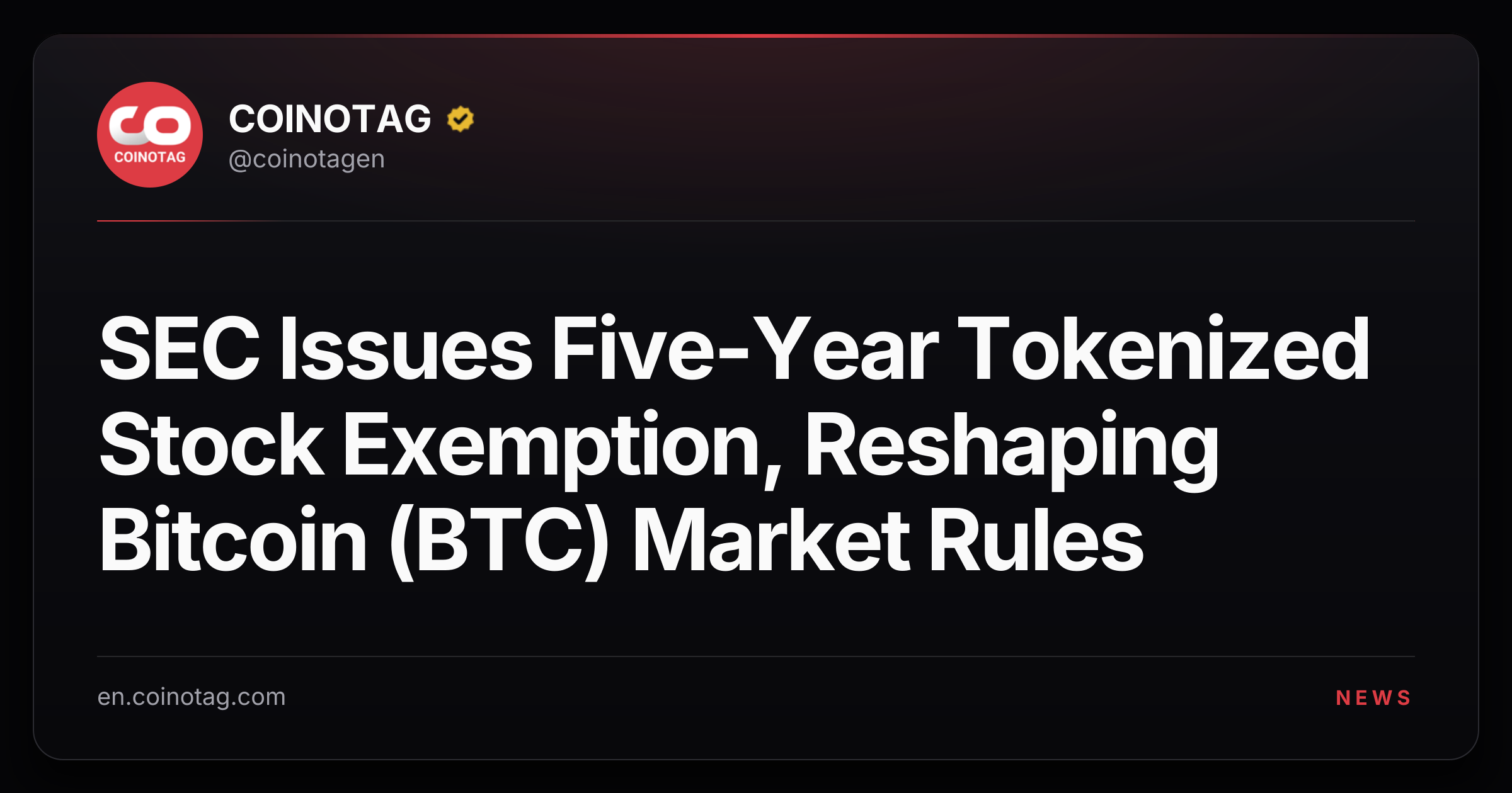SEC Issues Five-Year Tokenized Stock Exemption, Reshaping Bitcoin (BTC) Market Rules