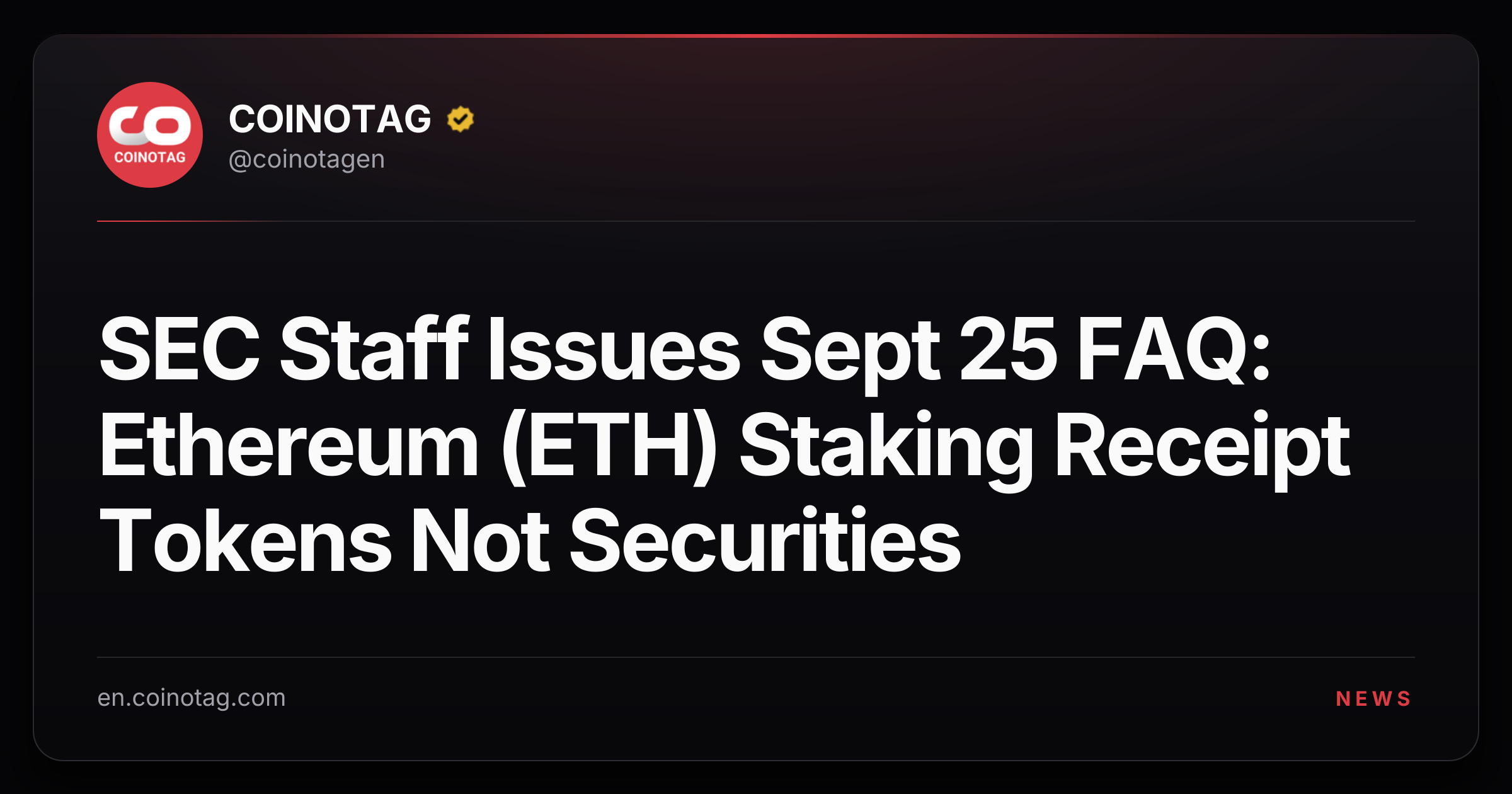 SEC Staff Issues Sept 25 FAQ: Ethereum (ETH) Staking Receipt Tokens Not Securities