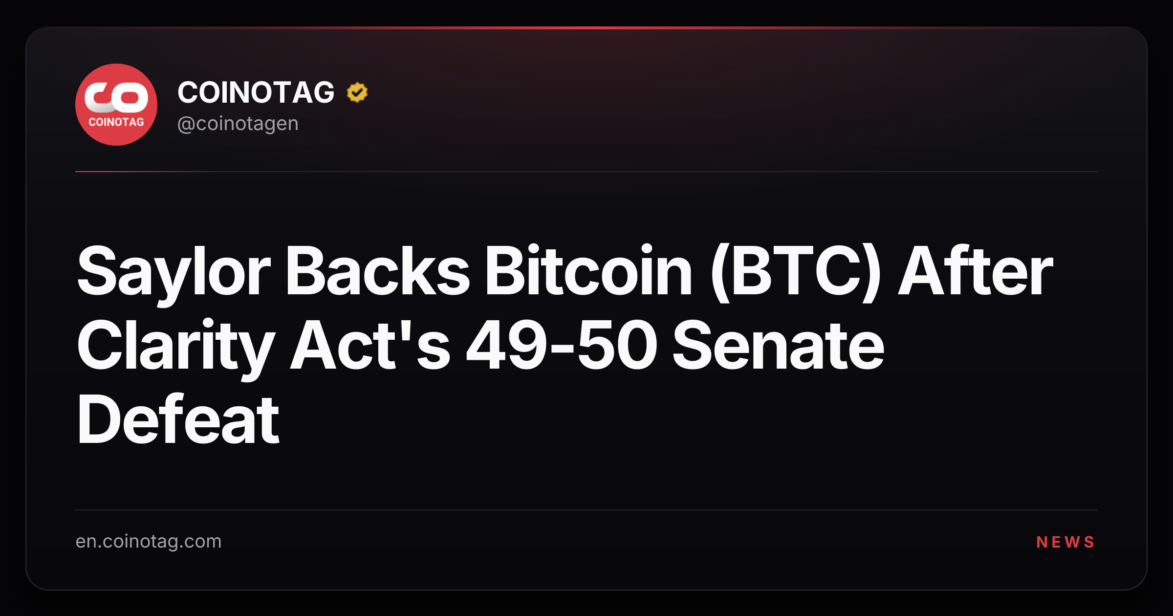 Saylor Backs Bitcoin (BTC) After Clarity Act's 49-50 Senate Defeat