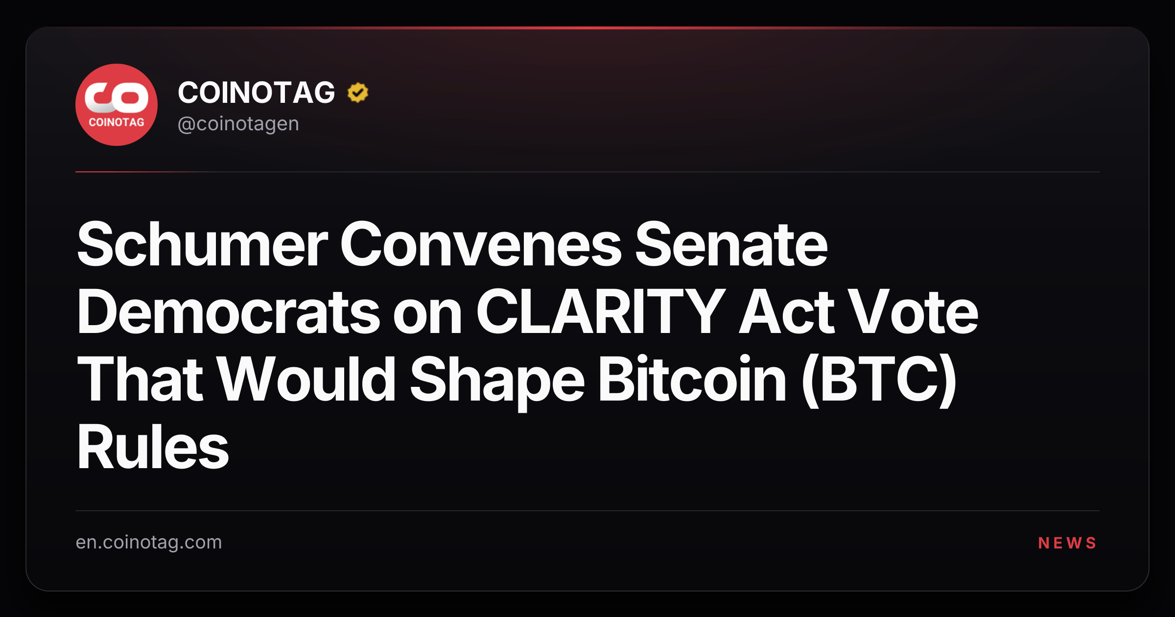 Schumer Convenes Senate Democrats on CLARITY Act Vote That Would Shape Bitcoin (BTC) Rules