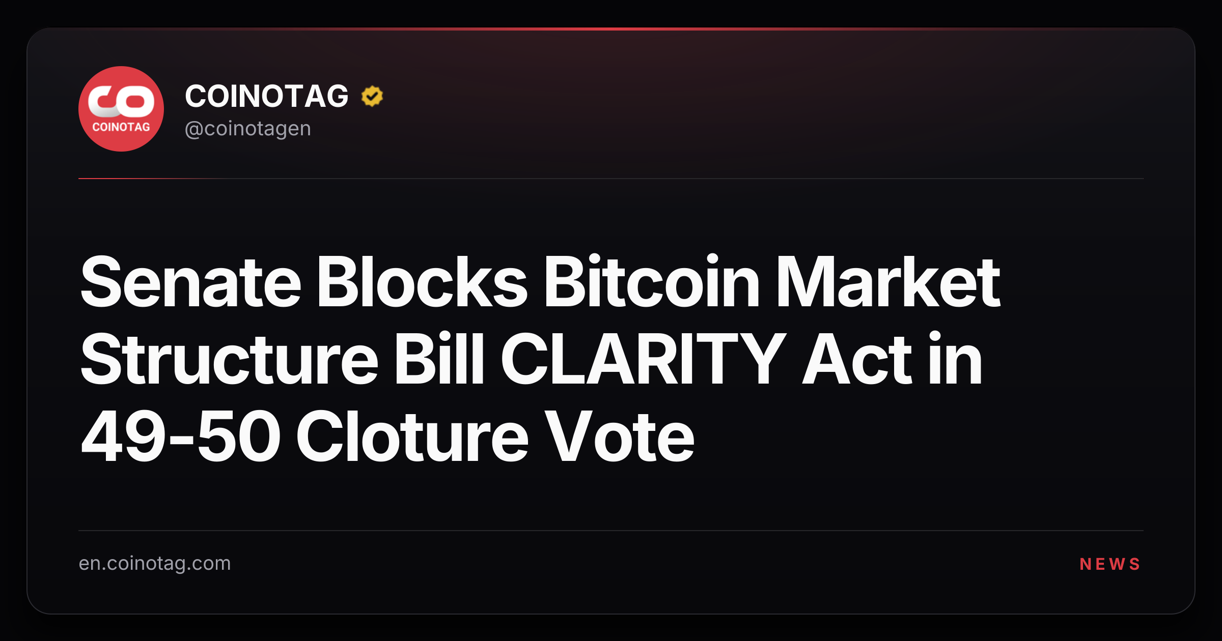 Senate Blocks Bitcoin Market Structure Bill CLARITY Act in 49-50 Cloture Vote