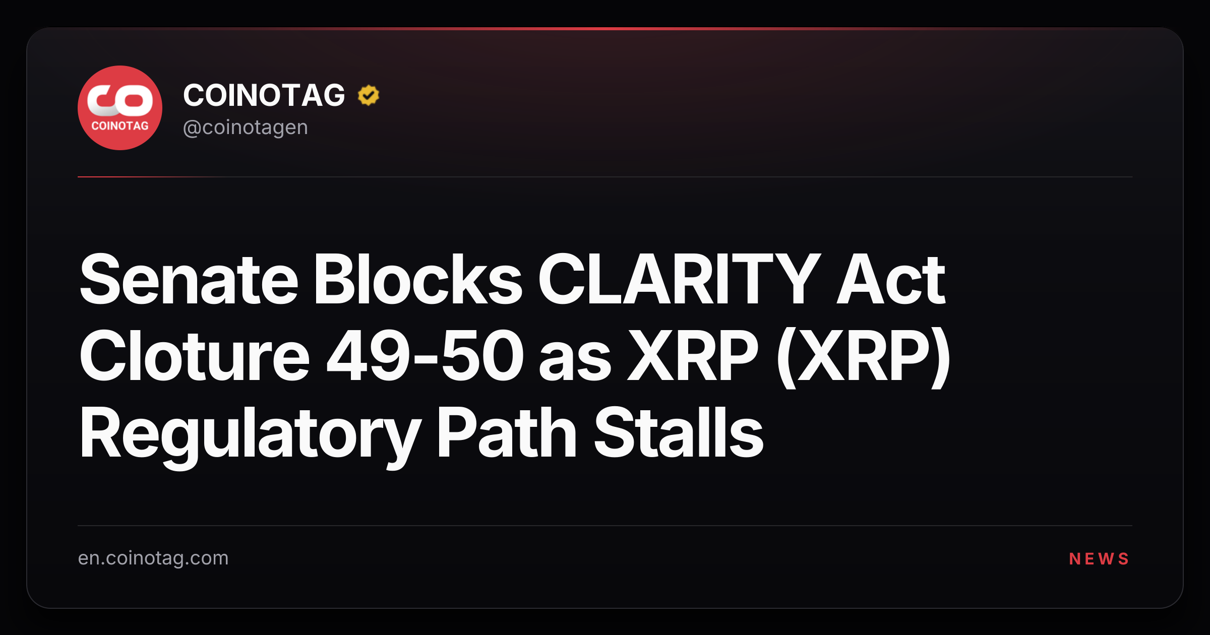 Senate Blocks CLARITY Act Cloture 49-50 as XRP (XRP) Regulatory Path Stalls