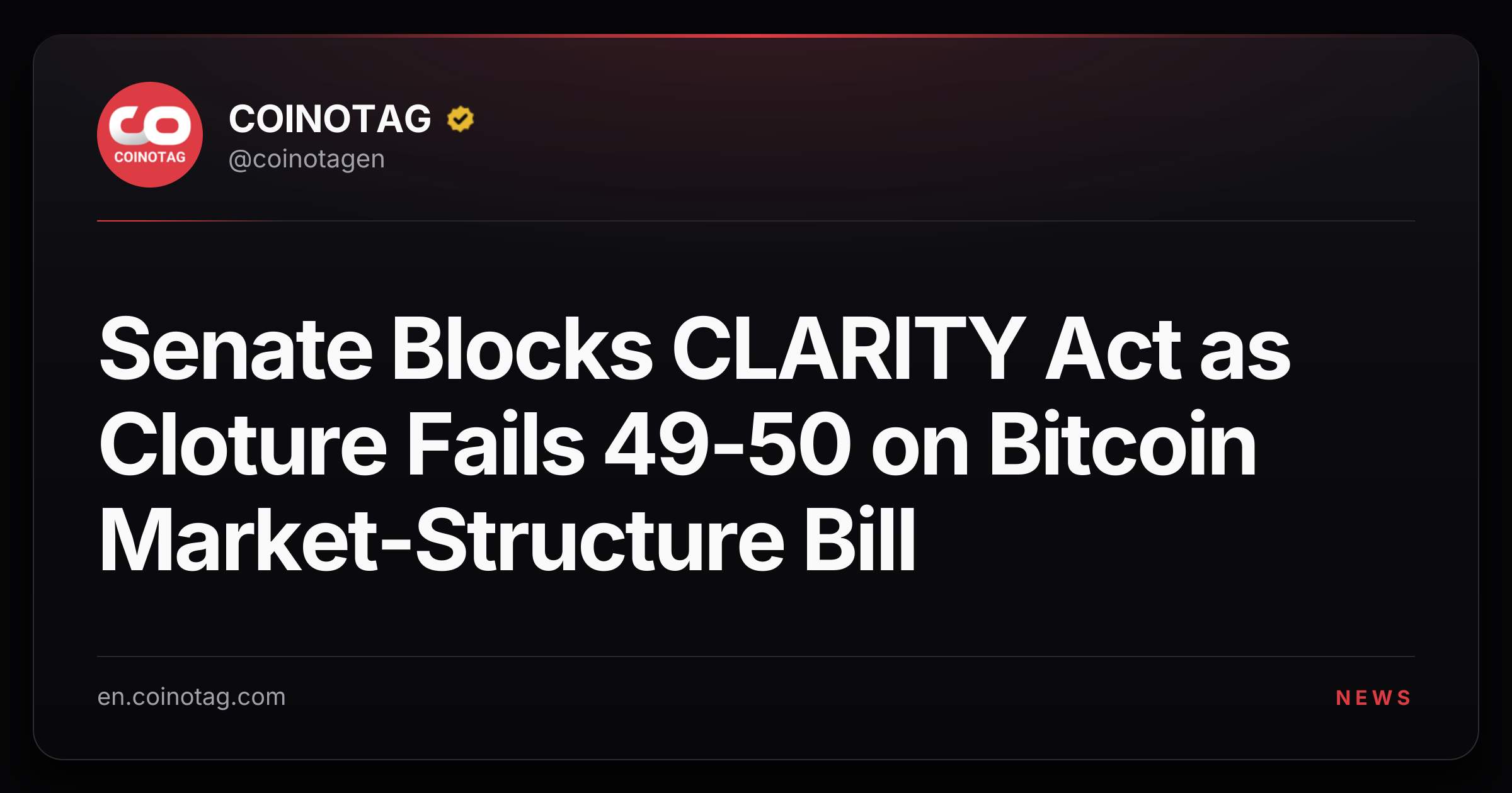 Senate Blocks CLARITY Act as Cloture Fails 49-50 on Bitcoin Market-Structure Bill