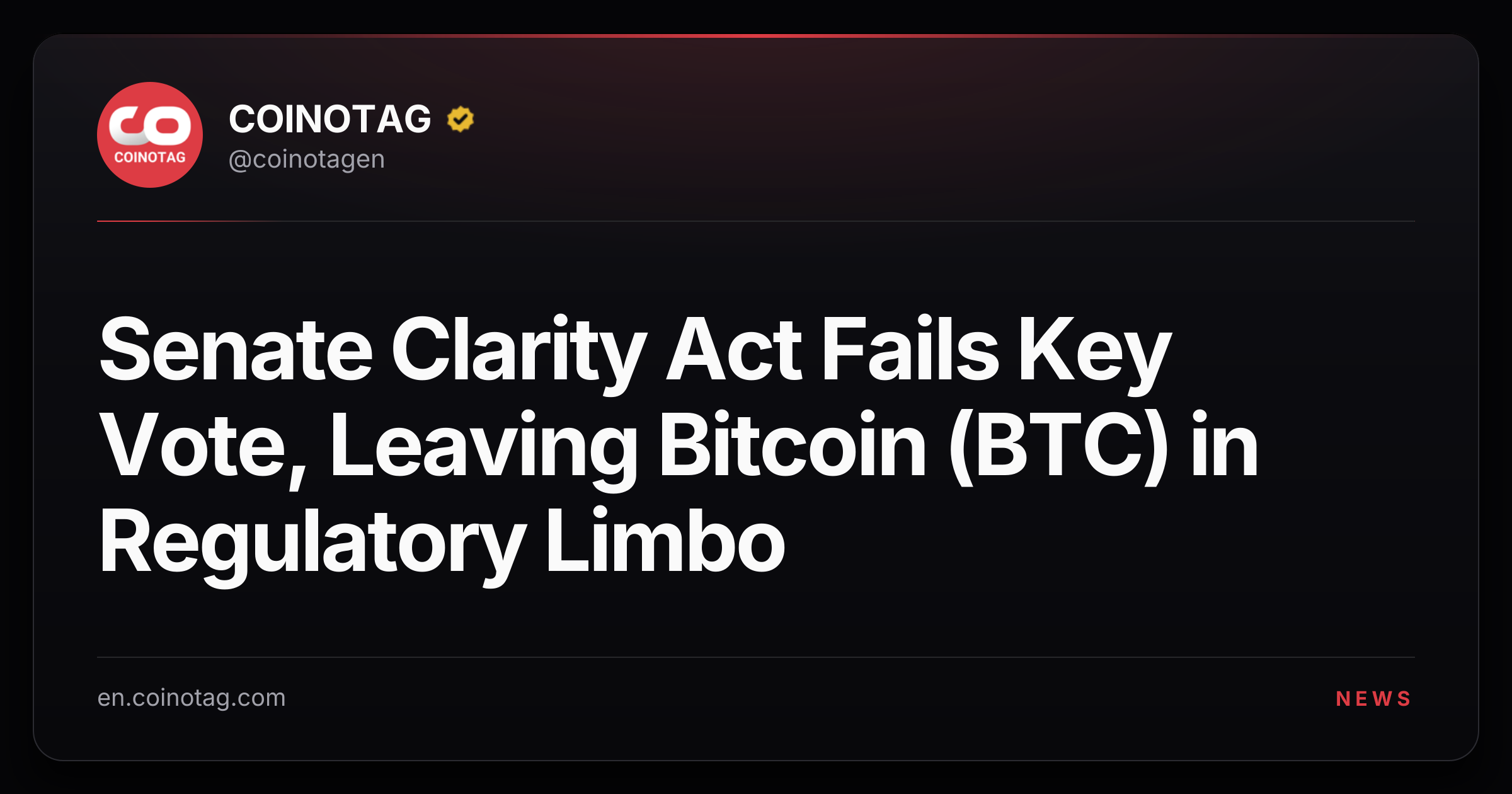 Senate Clarity Act Fails Key Vote, Leaving Bitcoin (BTC) in Regulatory Limbo