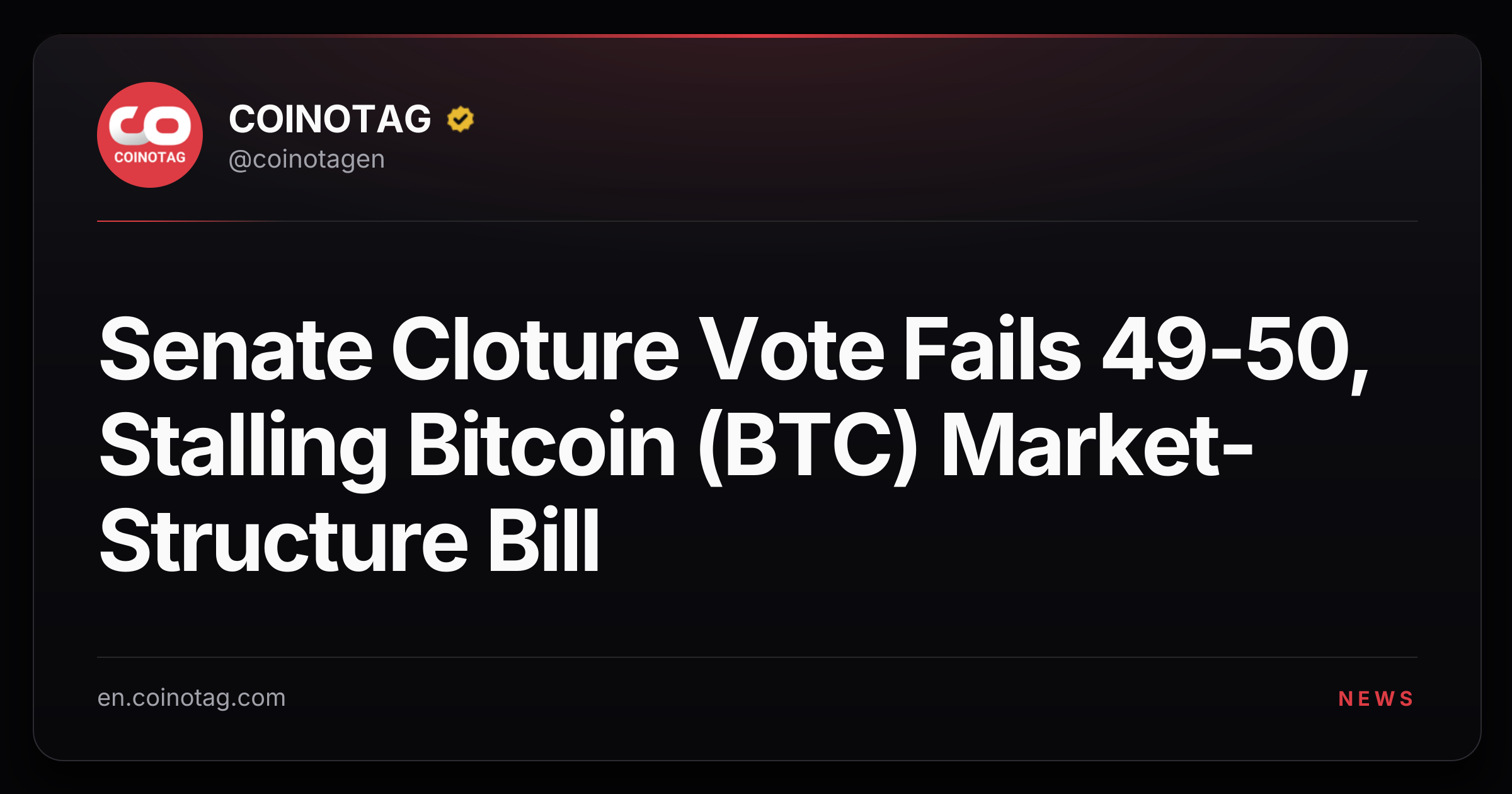 Senate Cloture Vote Fails 49-50, Stalling Bitcoin (BTC) Market-Structure Bill