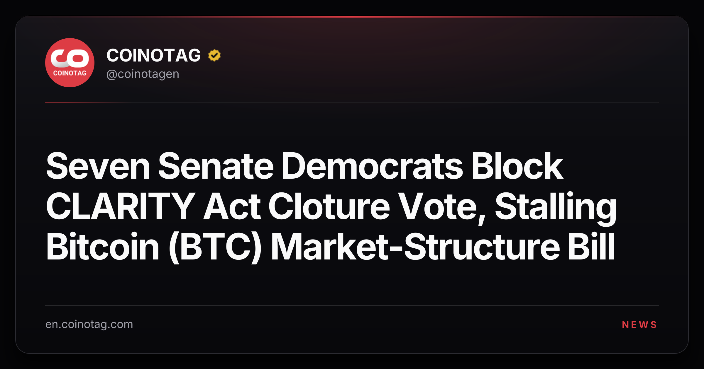 Seven Senate Democrats Block CLARITY Act Cloture Vote, Stalling Bitcoin (BTC) Market-Structure Bill