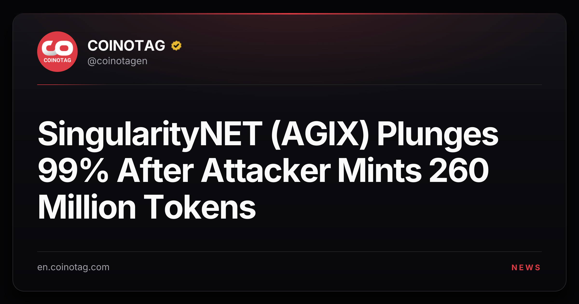 SingularityNET (AGIX) Plunges 99% After Attacker Mints 260 Million Tokens