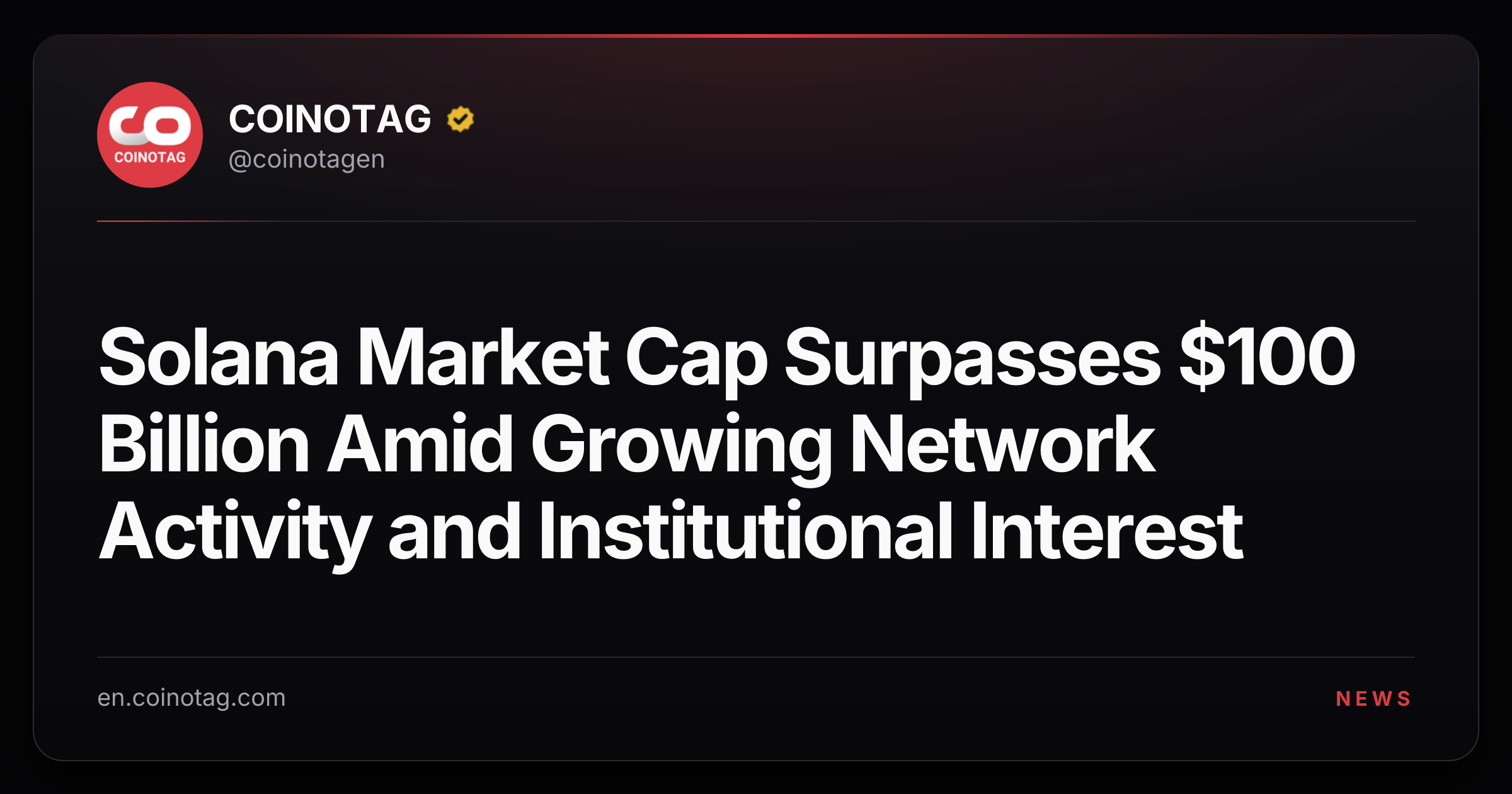 Solana Market Cap Surpasses $100 Billion Amid Growing Network Activity and Institutional Interest