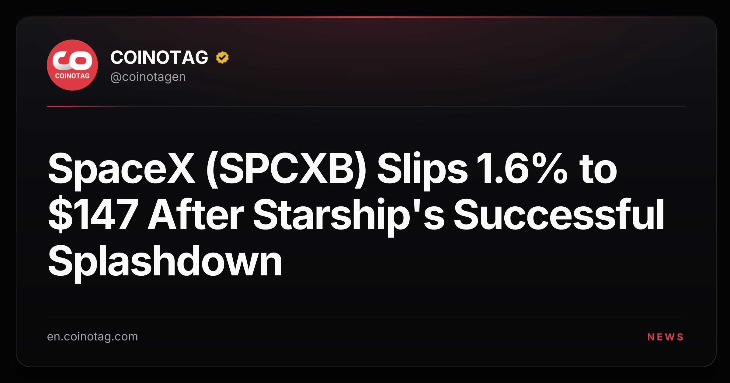 SpaceX (SPCXB) Slips 1.6% to $147 After Starship's Successful Splashdown