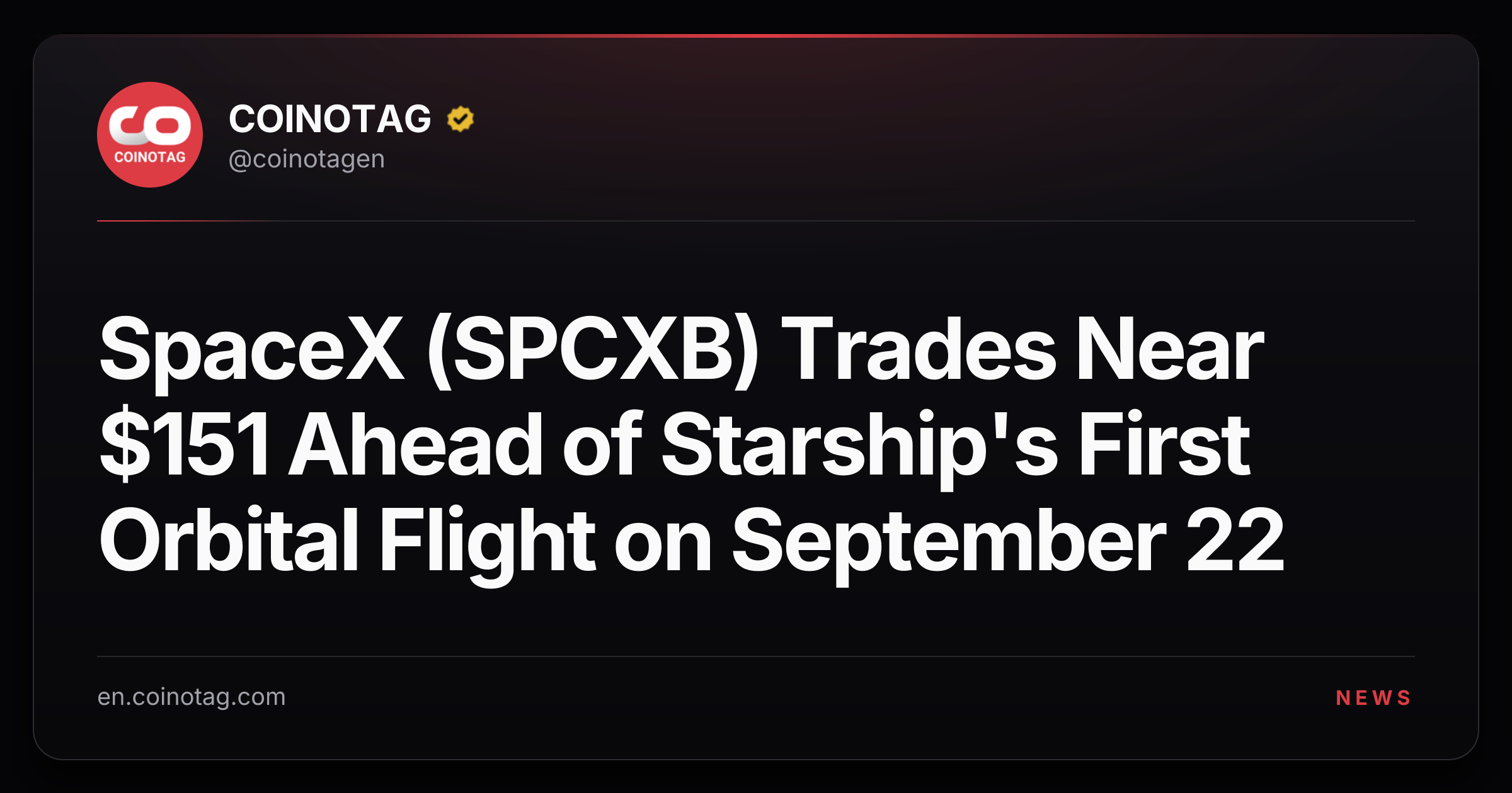 SpaceX (SPCXB) Trades Near $151 Ahead of Starship's First Orbital Flight on September 22