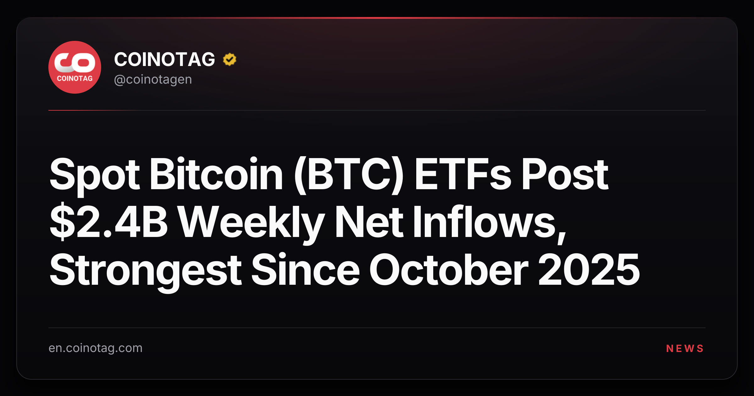 Spot Bitcoin (BTC) ETFs Post $2.4B Weekly Net Inflows, Strongest Since October 2025