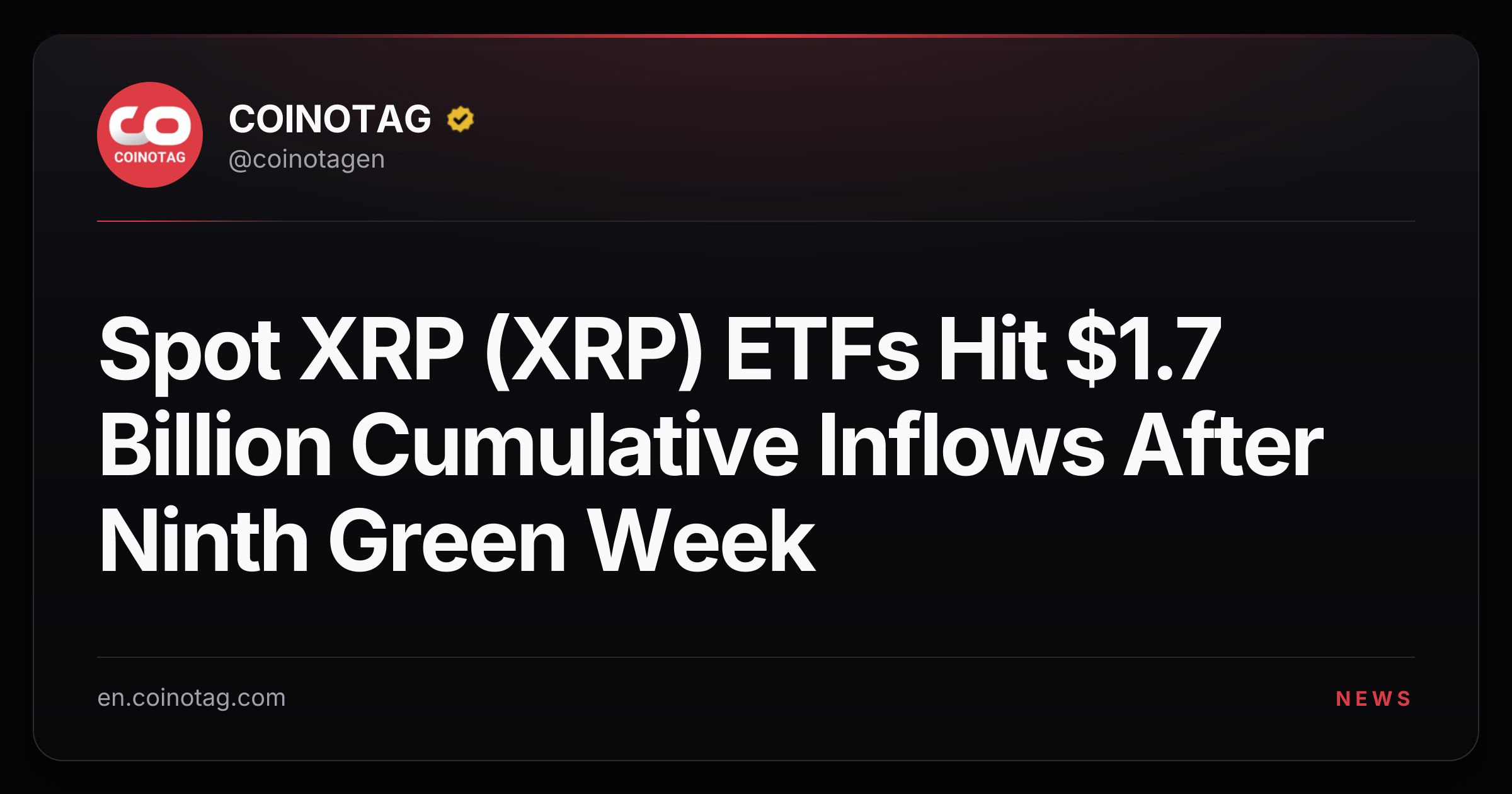 Spot XRP (XRP) ETFs Hit $1.7 Billion Cumulative Inflows After Ninth Green Week