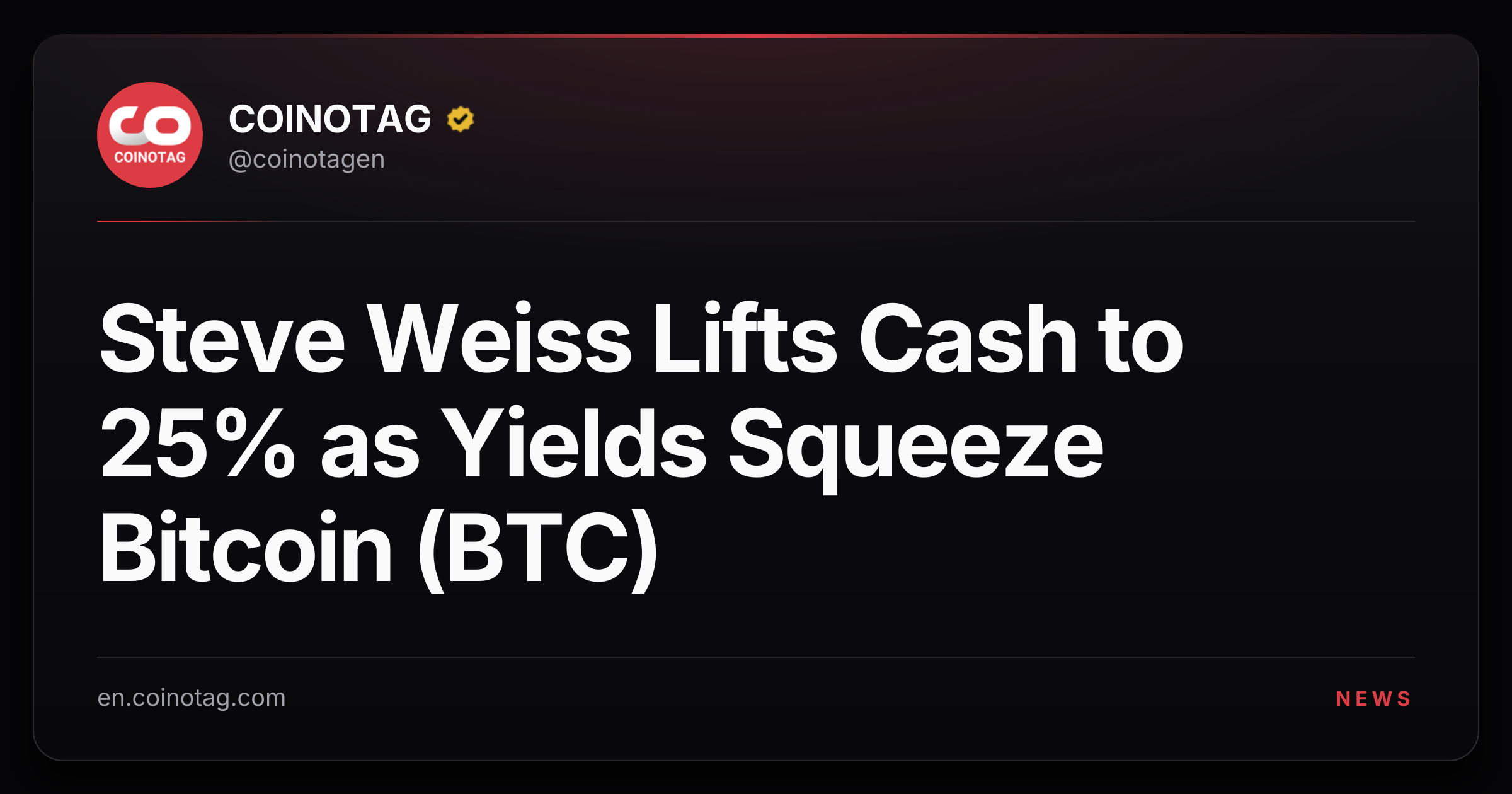 Steve Weiss Lifts Cash to 25% as Yields Squeeze Bitcoin (BTC)