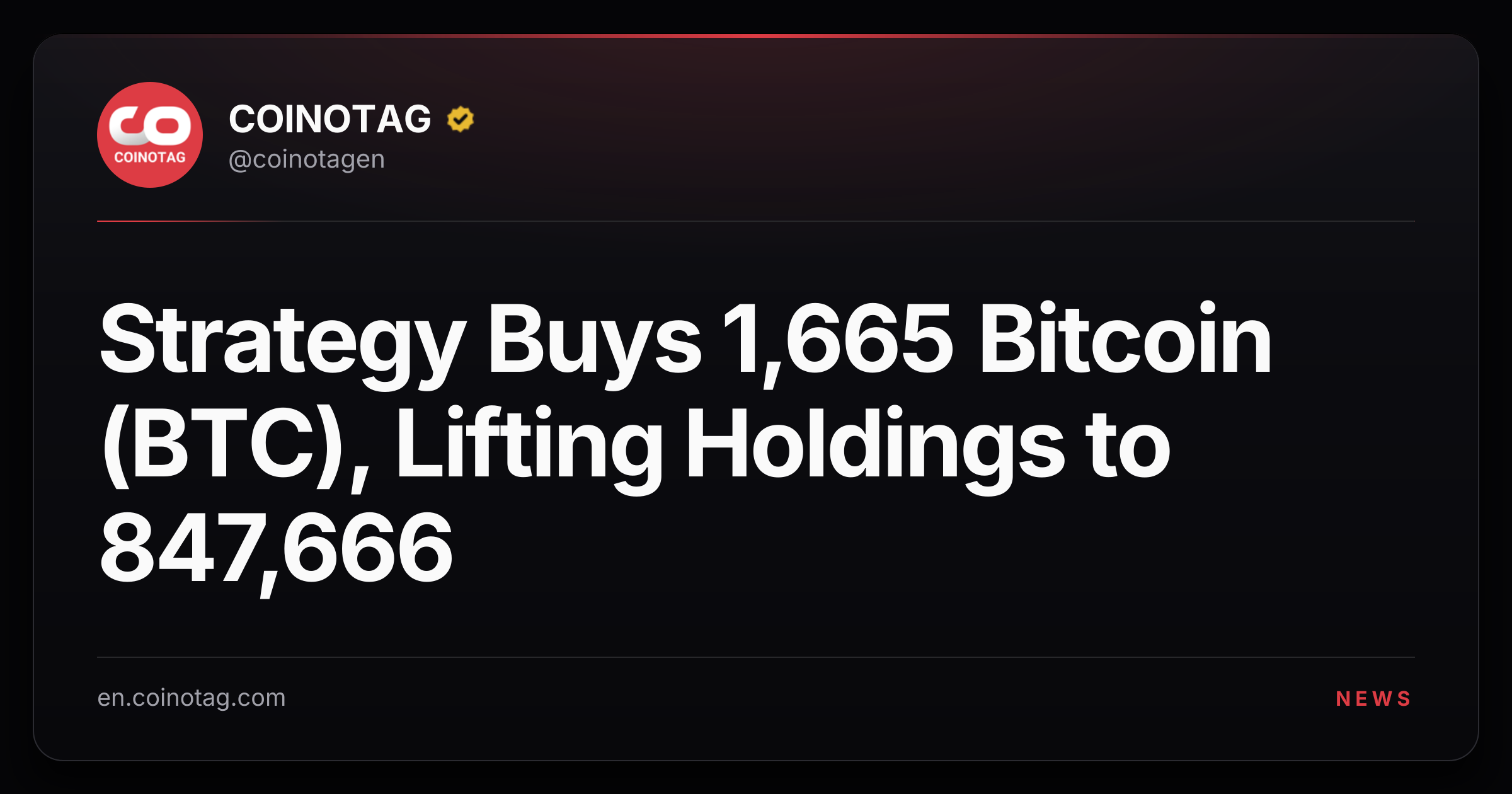 Strategy Buys 1,665 Bitcoin (BTC), Lifting Holdings to 847,666