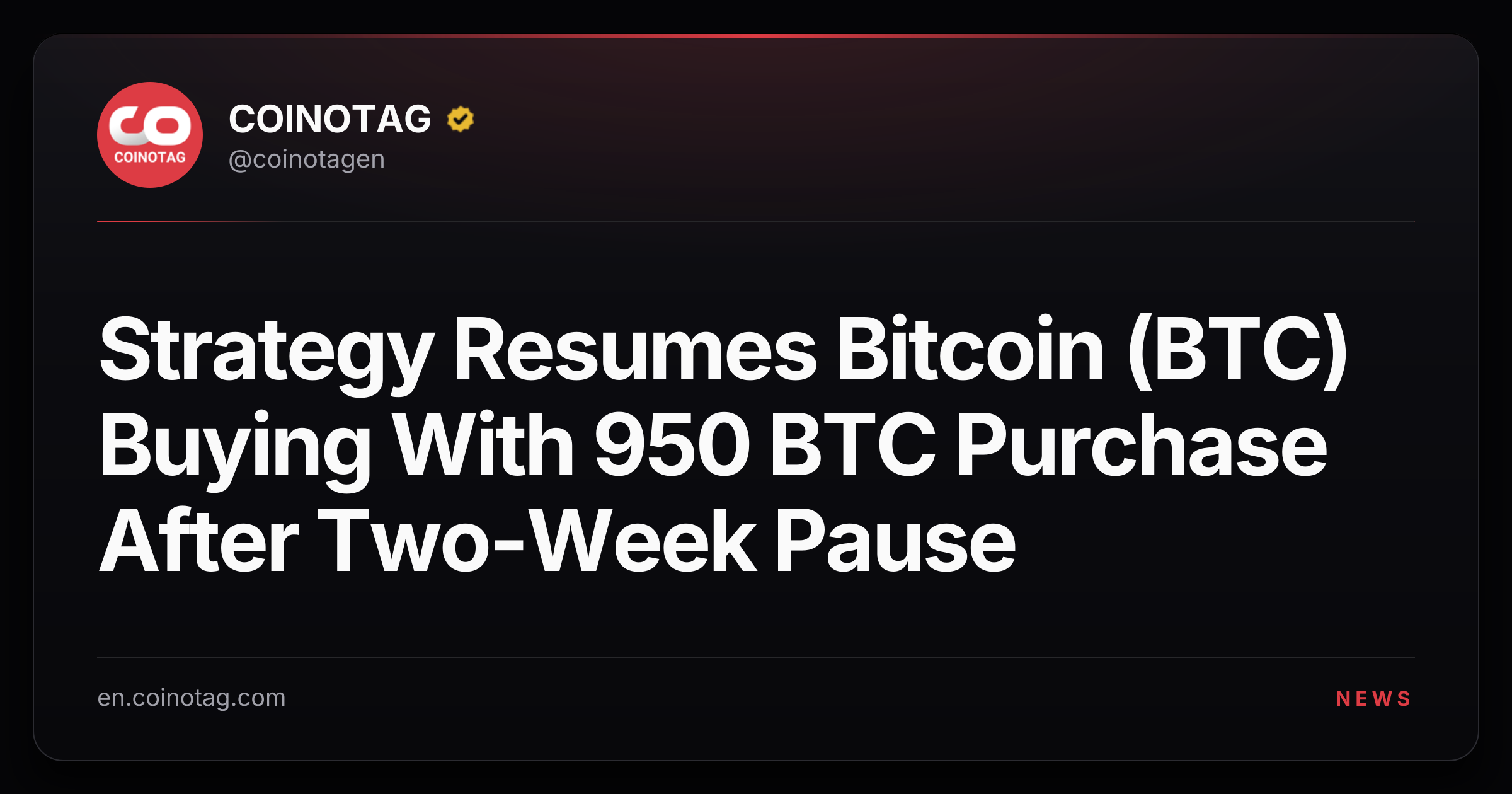 Strategy Resumes Bitcoin (BTC) Buying With 950 BTC Purchase After Two-Week Pause
