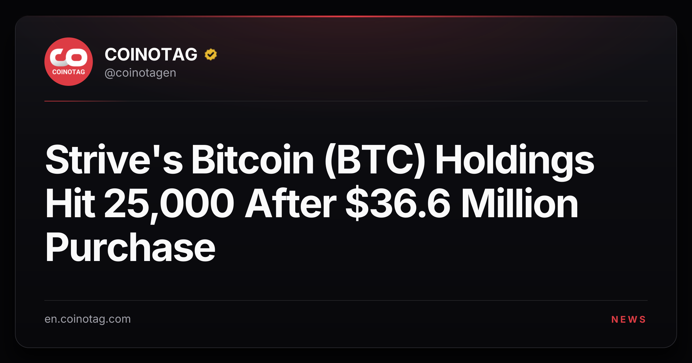 Strive's Bitcoin (BTC) Holdings Hit 25,000 After $36.6 Million Purchase