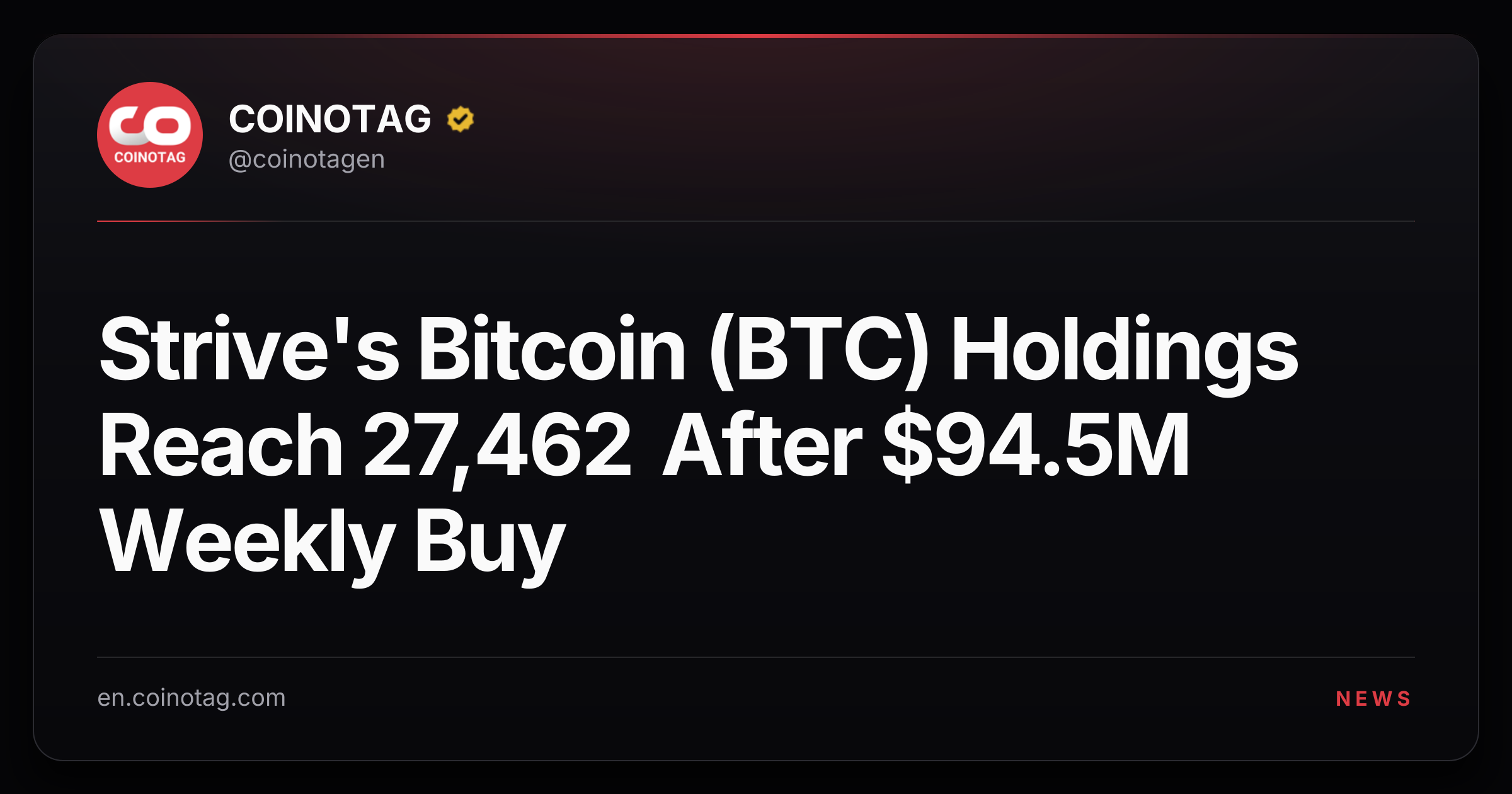 Strive's Bitcoin (BTC) Holdings Reach 27,462 After $94.5M Weekly Buy
