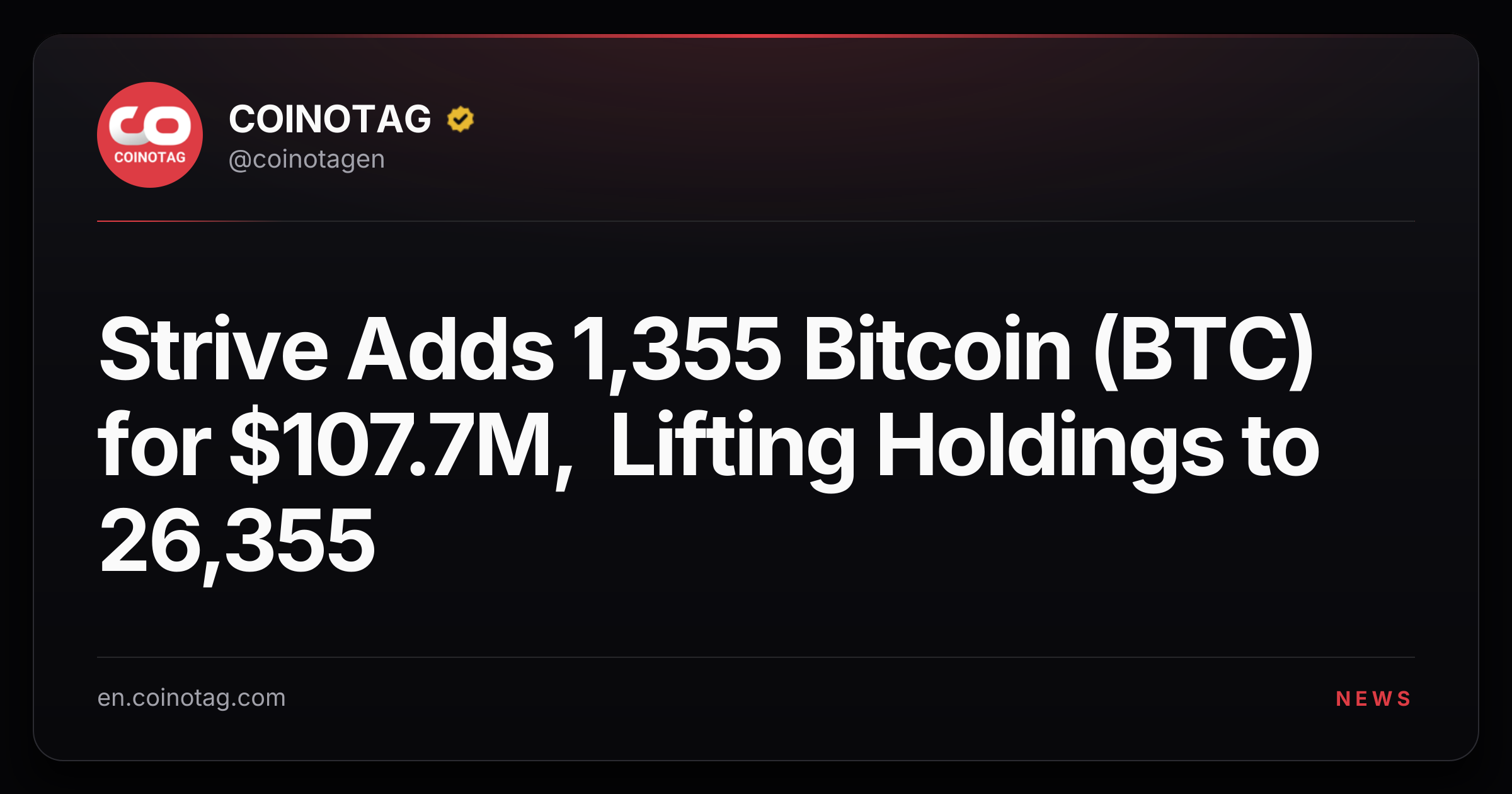Strive Adds 1,355 Bitcoin (BTC) for $107.7M, Lifting Holdings to 26,355