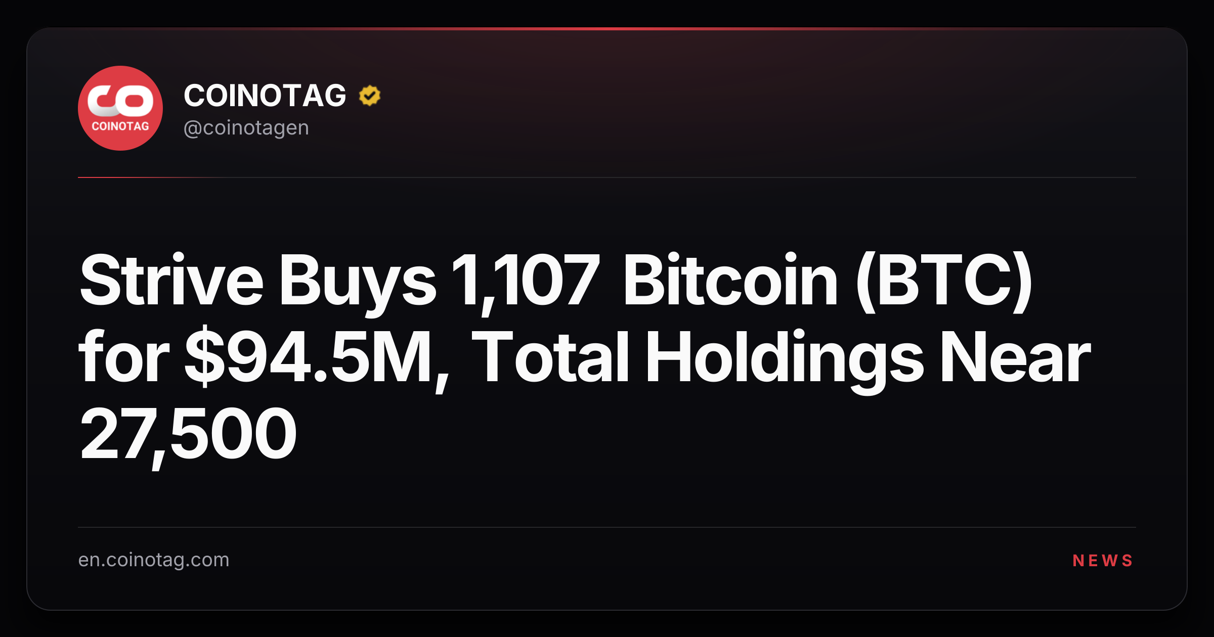 Strive Buys 1,107 Bitcoin (BTC) for $94.5M, Total Holdings Near 27,500