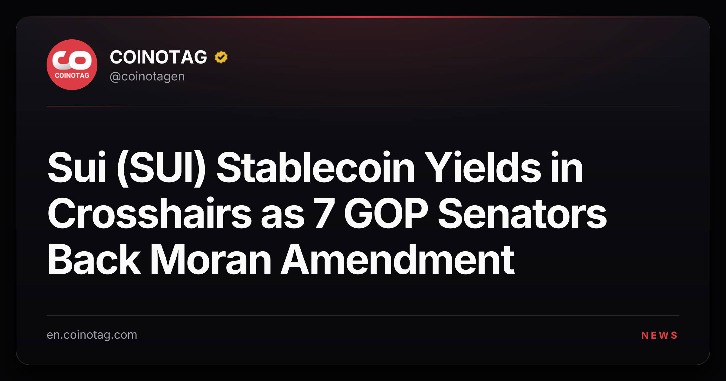 Sui (SUI) Stablecoin Yields in Crosshairs as 7 GOP Senators Back Moran Amendment