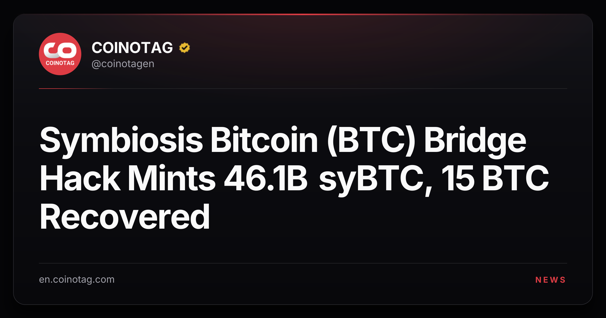 Symbiosis Bitcoin (BTC) Bridge Hack Mints 46.1B syBTC, 15 BTC Recovered