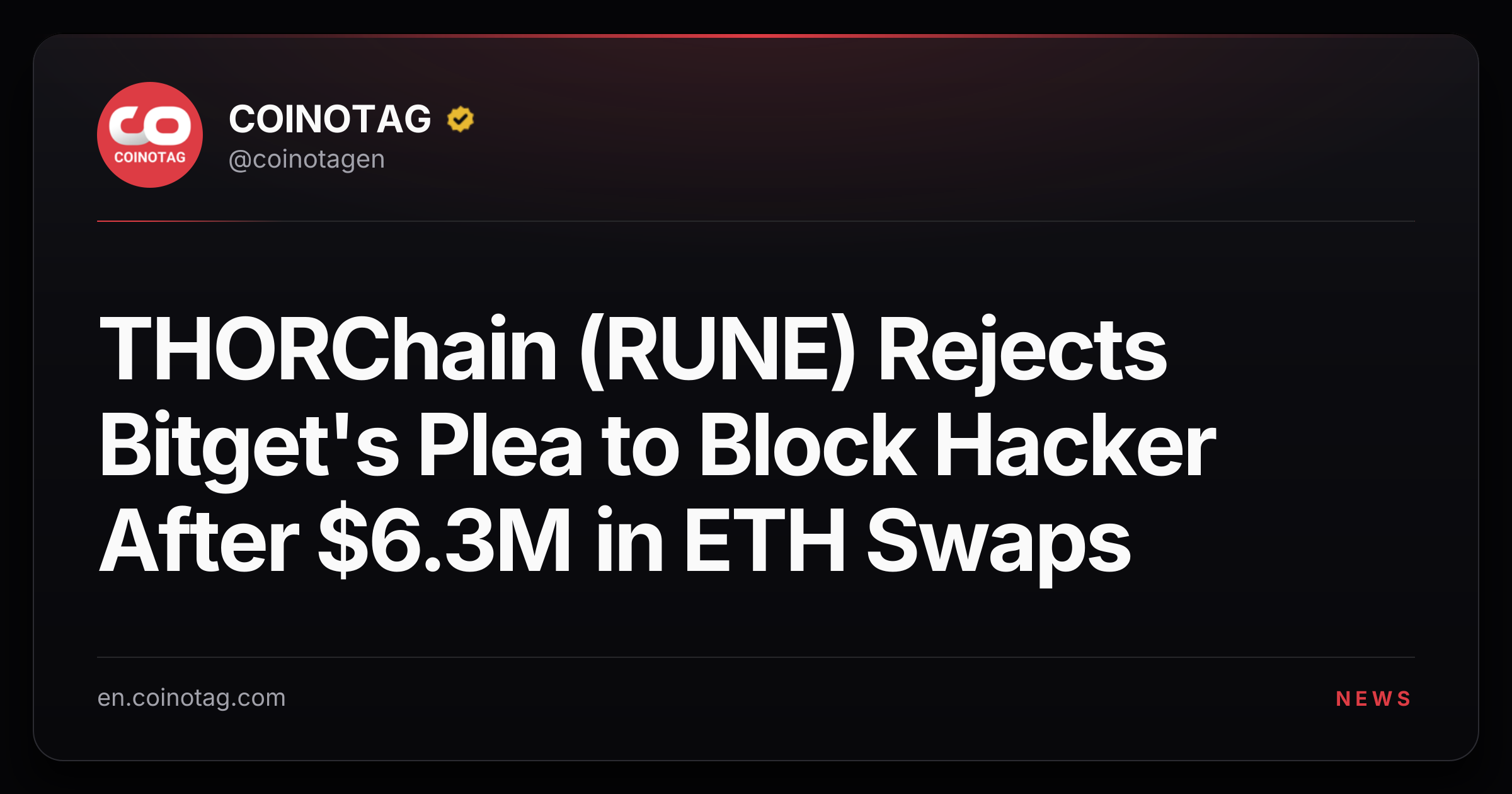 THORChain (RUNE) Rejects Bitget's Plea to Block Hacker After $6.3M in ETH Swaps
