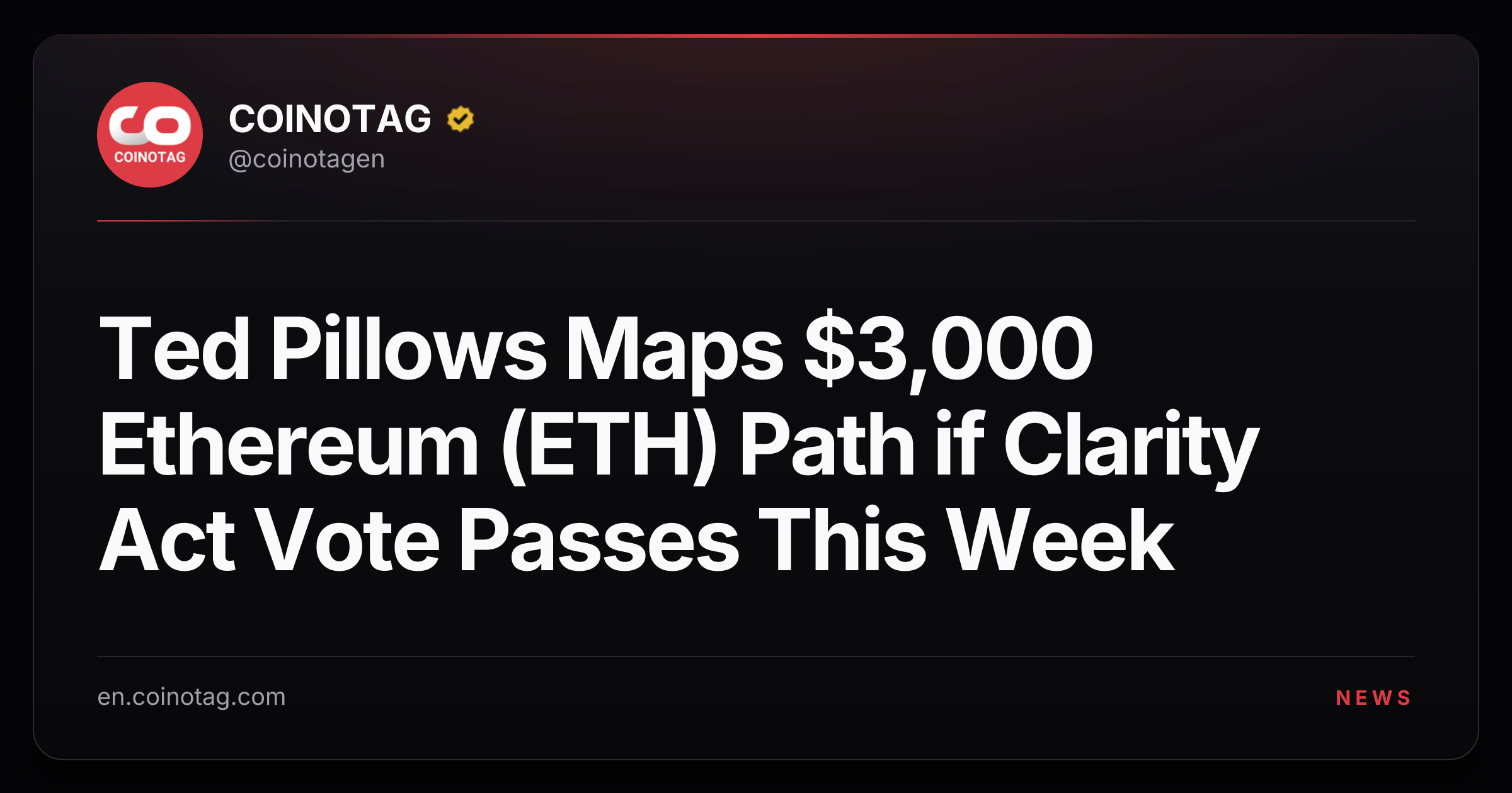 Ted Pillows Maps $3,000 Ethereum (ETH) Path if Clarity Act Vote Passes This Week