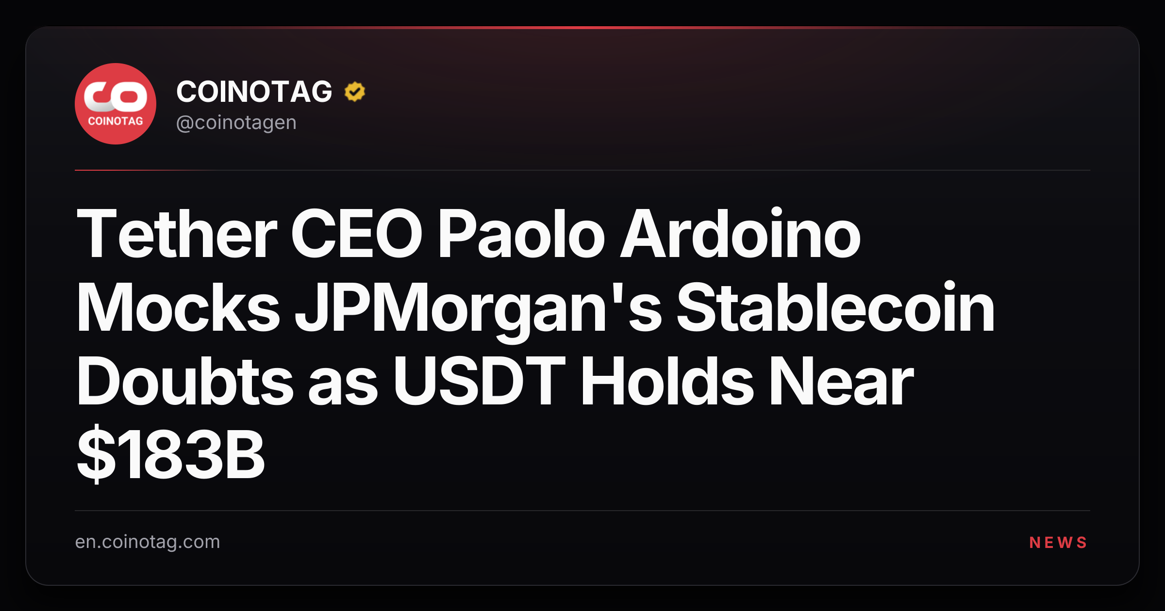 Tether CEO Paolo Ardoino Mocks JPMorgan's Stablecoin Doubts as USDT Holds Near $183B