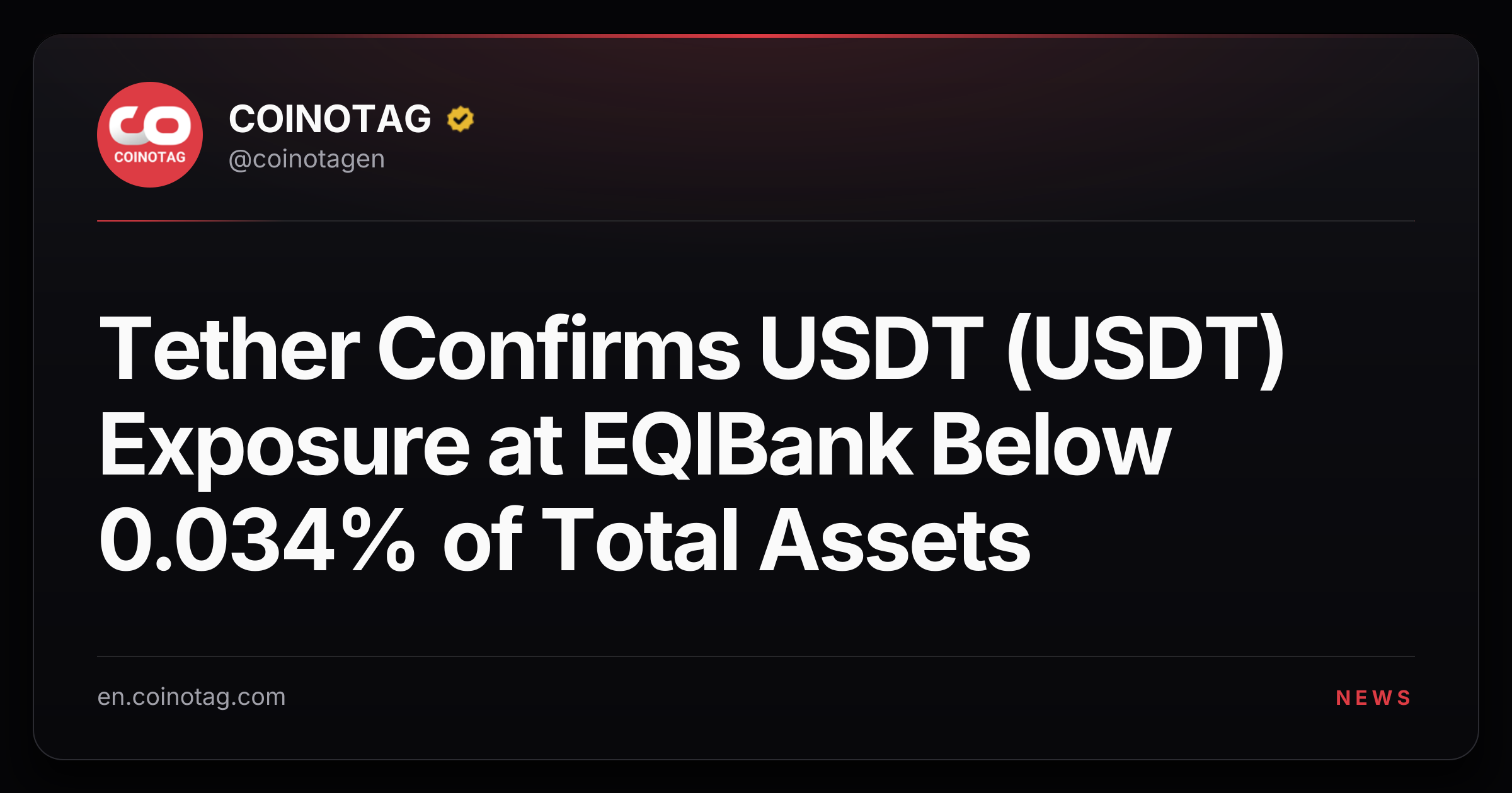 Tether Confirms USDT (USDT) Exposure at EQIBank Below 0.034% of Total Assets