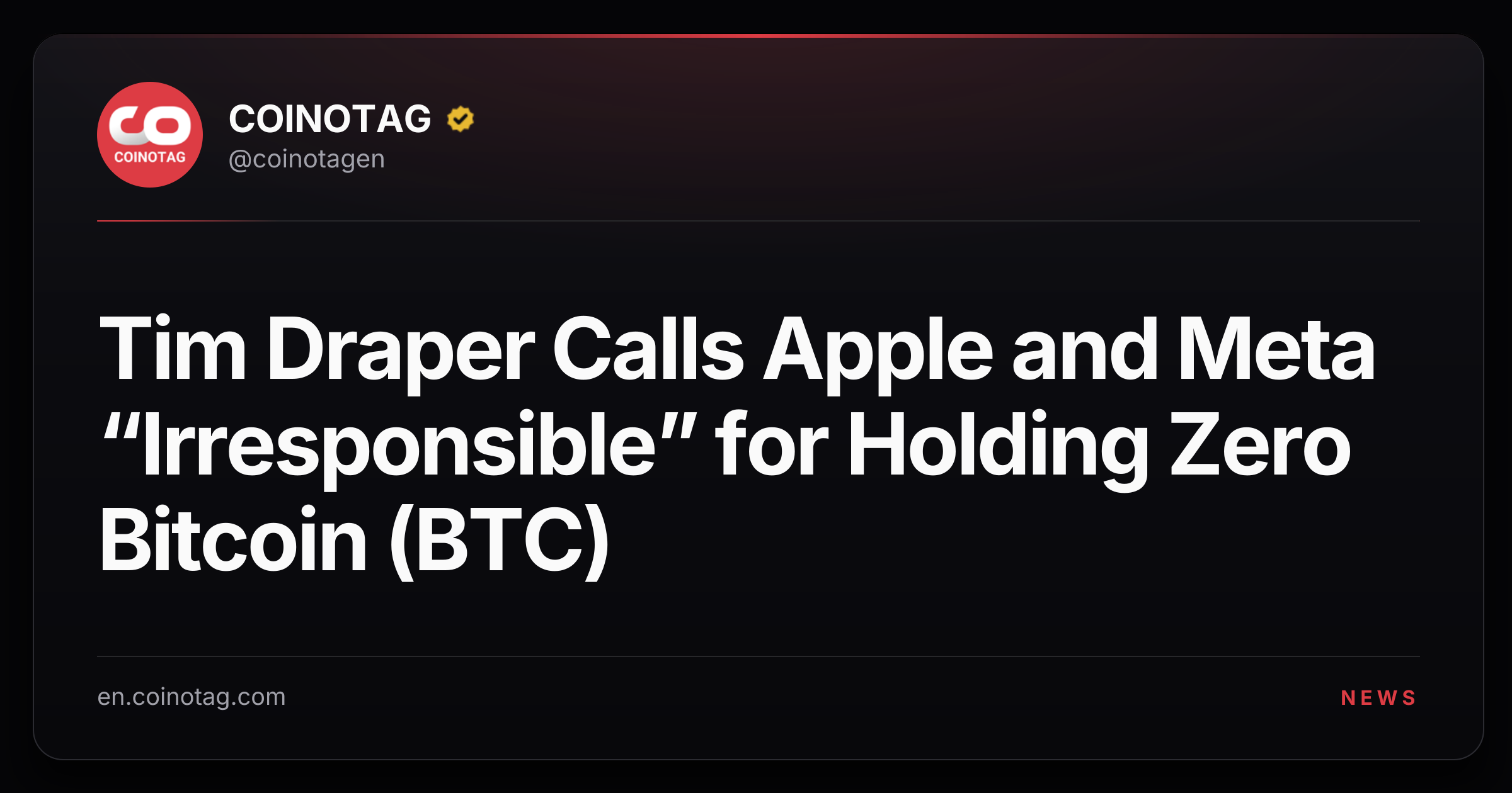 Tim Draper Calls Apple and Meta “Irresponsible” for Holding Zero Bitcoin (BTC)