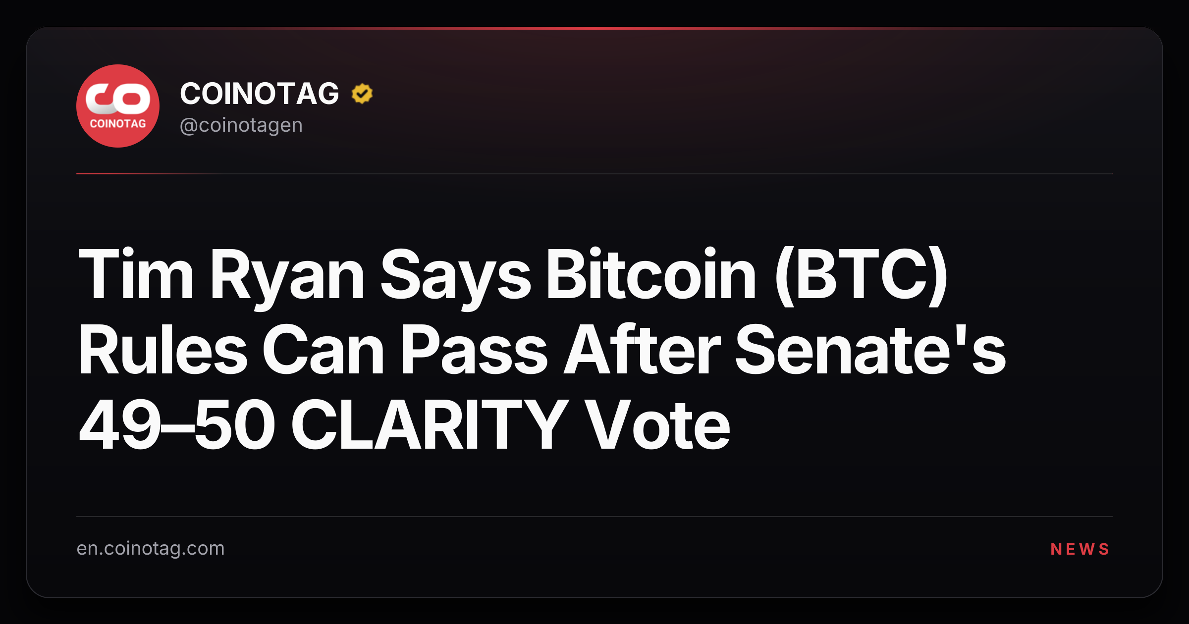 Tim Ryan Says Bitcoin (BTC) Rules Can Pass After Senate's 49–50 CLARITY Vote