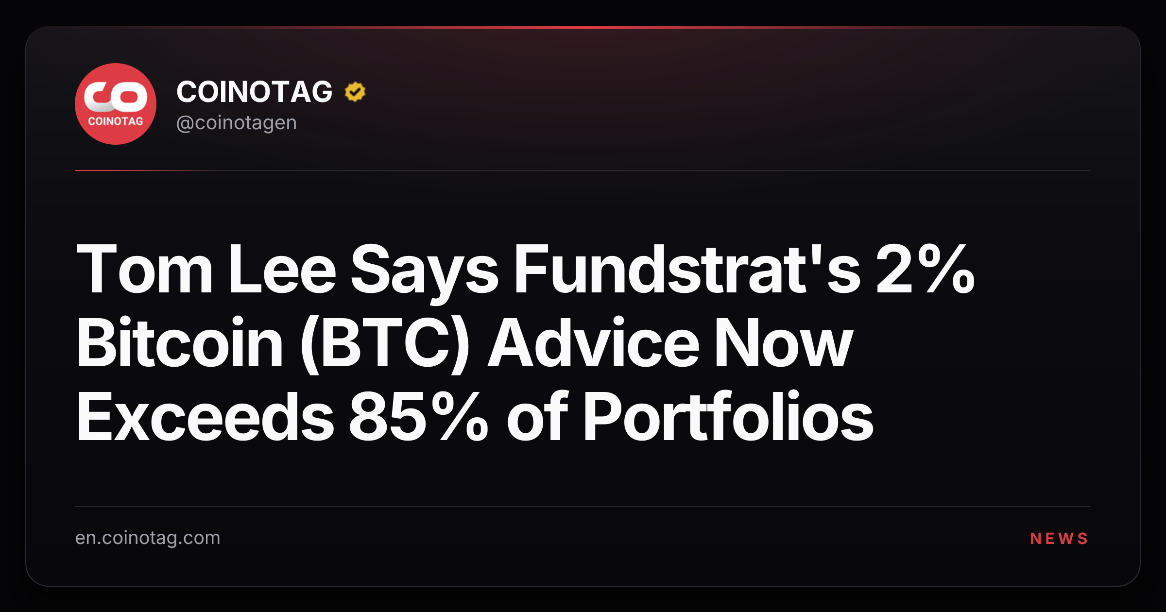 Tom Lee Says Fundstrat's 2% Bitcoin (BTC) Advice Now Exceeds 85% of Portfolios