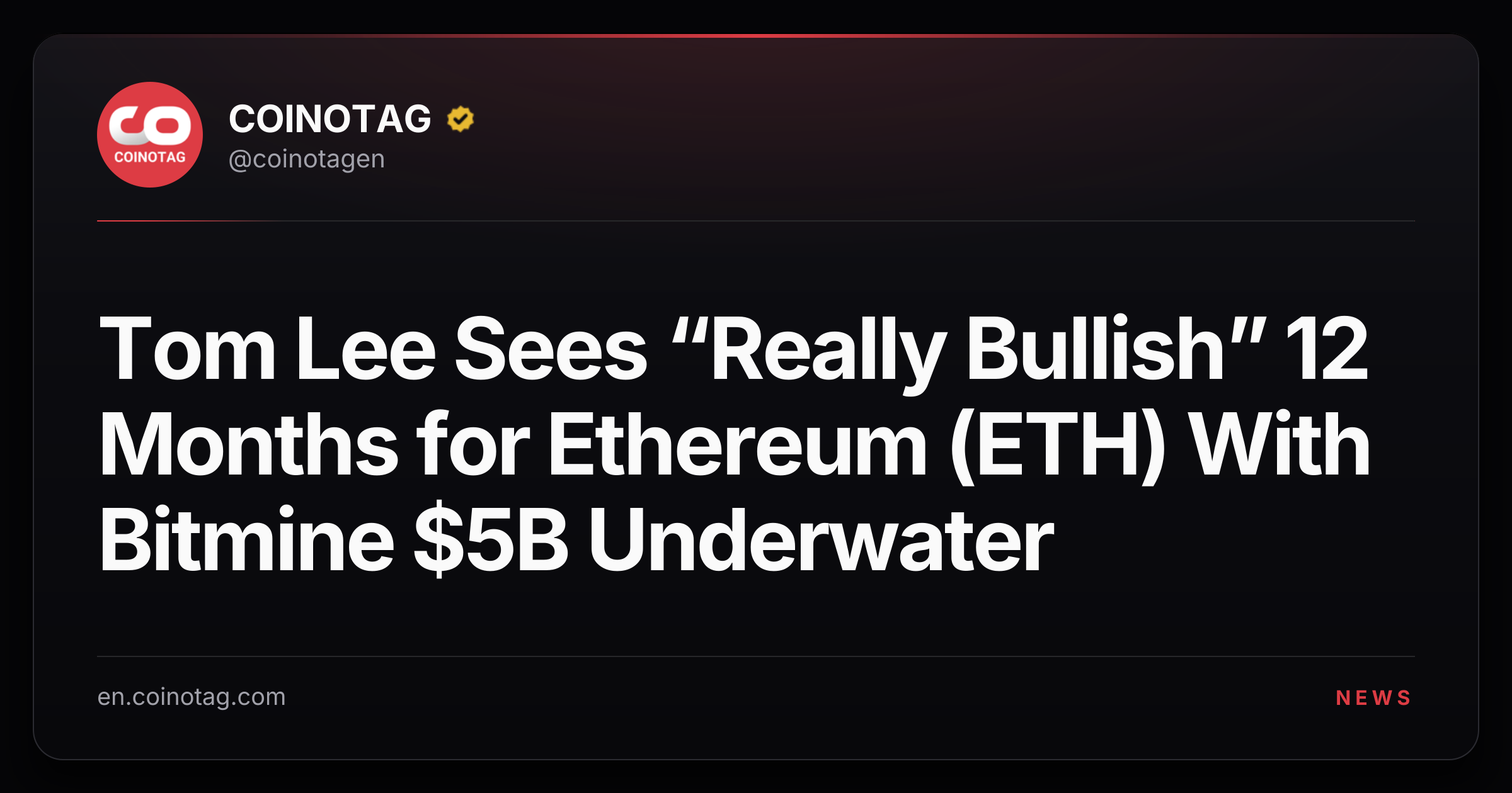 Tom Lee Sees “Really Bullish” 12 Months for Ethereum (ETH) With Bitmine $5B Underwater
