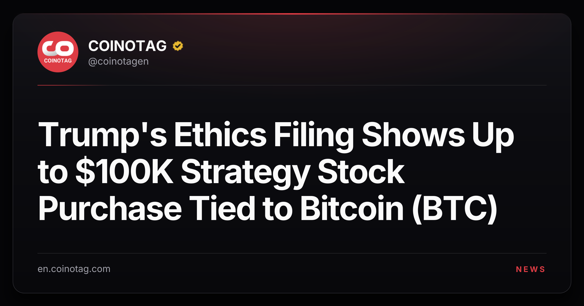Trump's Ethics Filing Shows Up to $100K Strategy Stock Purchase Tied to Bitcoin (BTC)