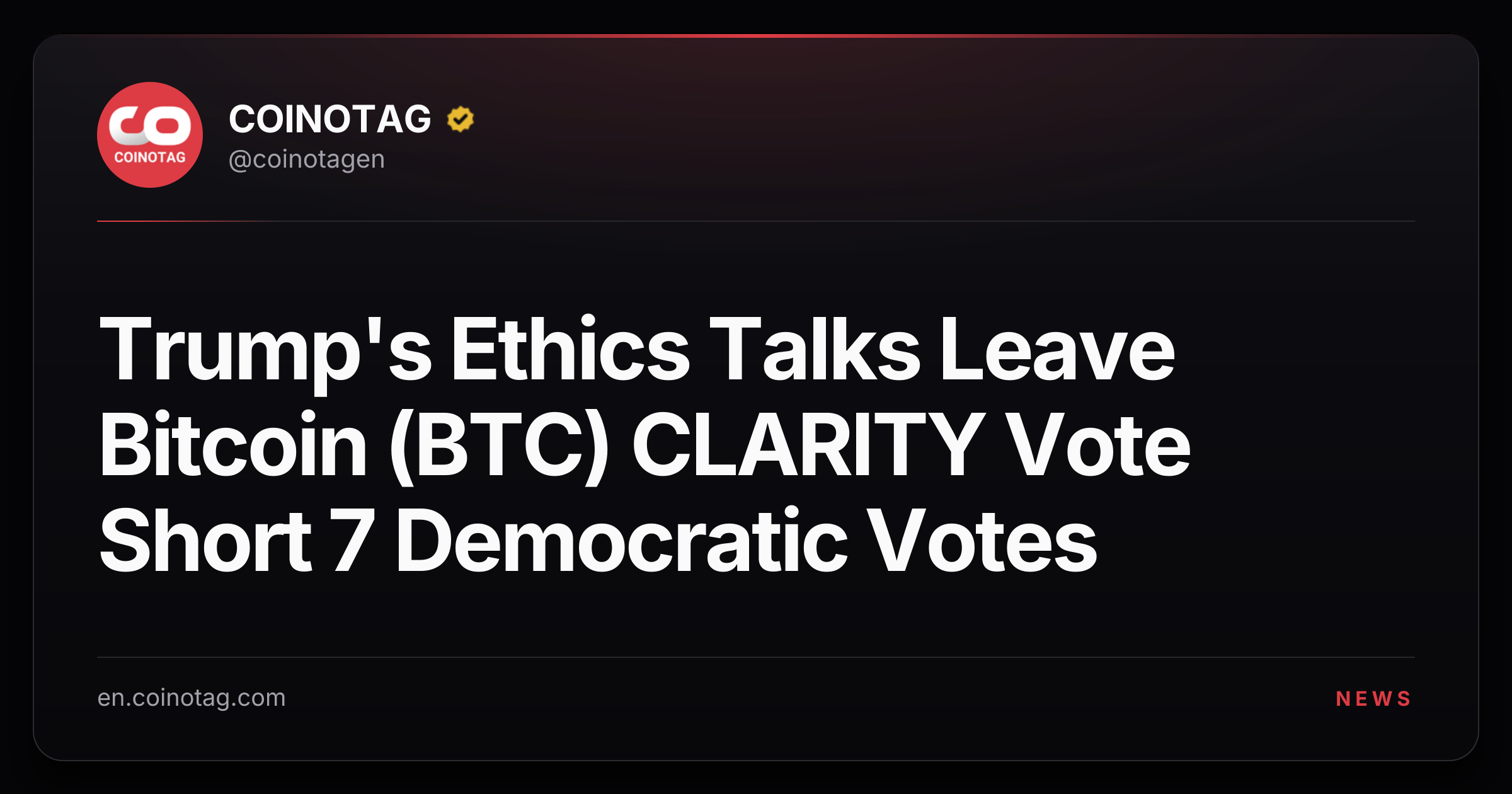 Trump's Ethics Talks Leave Bitcoin (BTC) CLARITY Vote Short 7 Democratic Votes