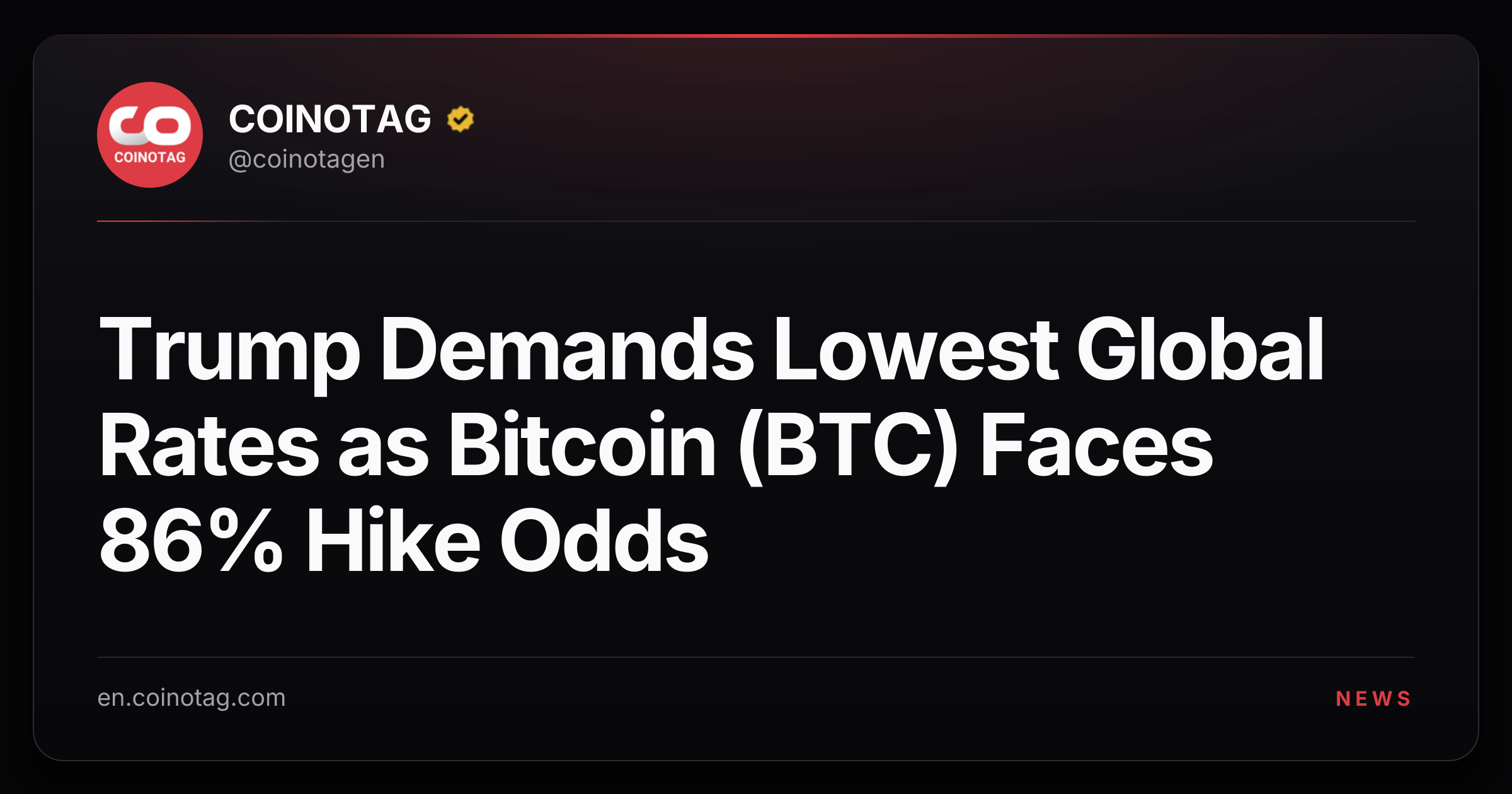 Trump Demands Lowest Global Rates as Bitcoin (BTC) Faces 86% Hike Odds