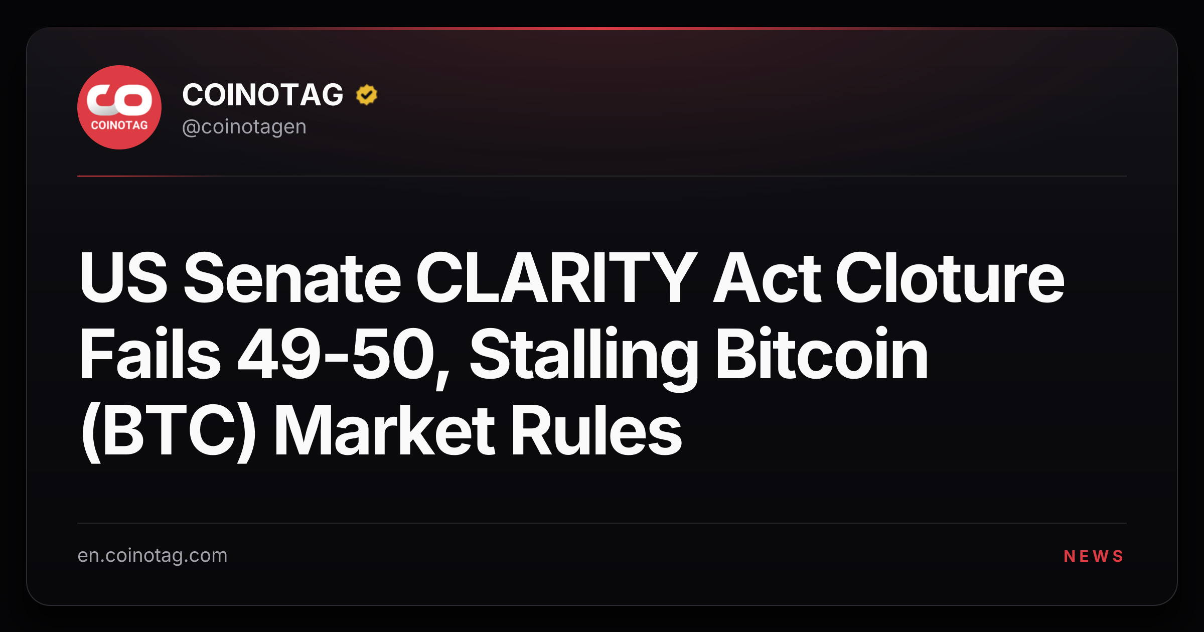 US Senate CLARITY Act Cloture Fails 49-50, Stalling Bitcoin (BTC) Market Rules