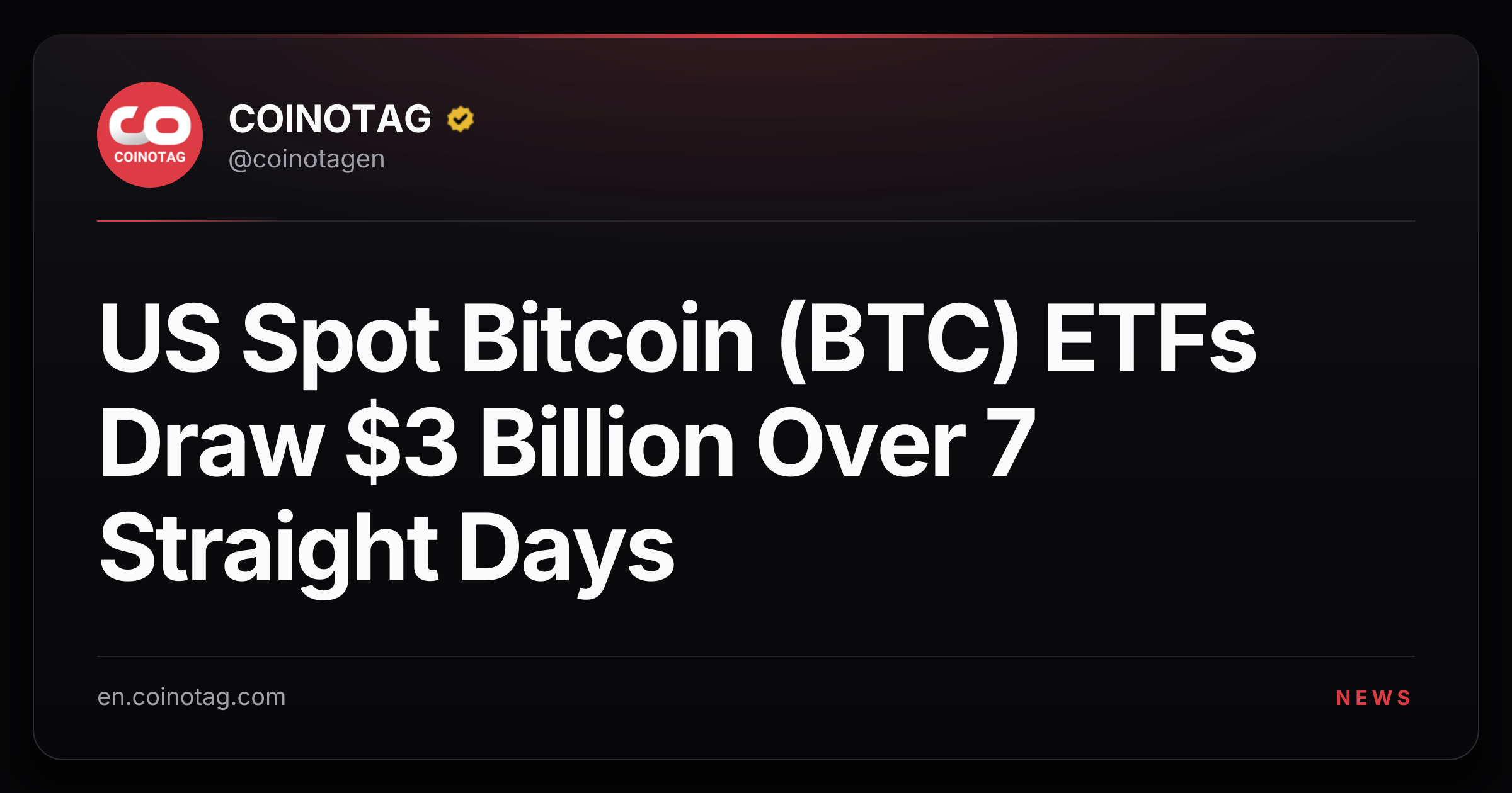 US Spot Bitcoin (BTC) ETFs Draw $3 Billion Over 7 Straight Days
